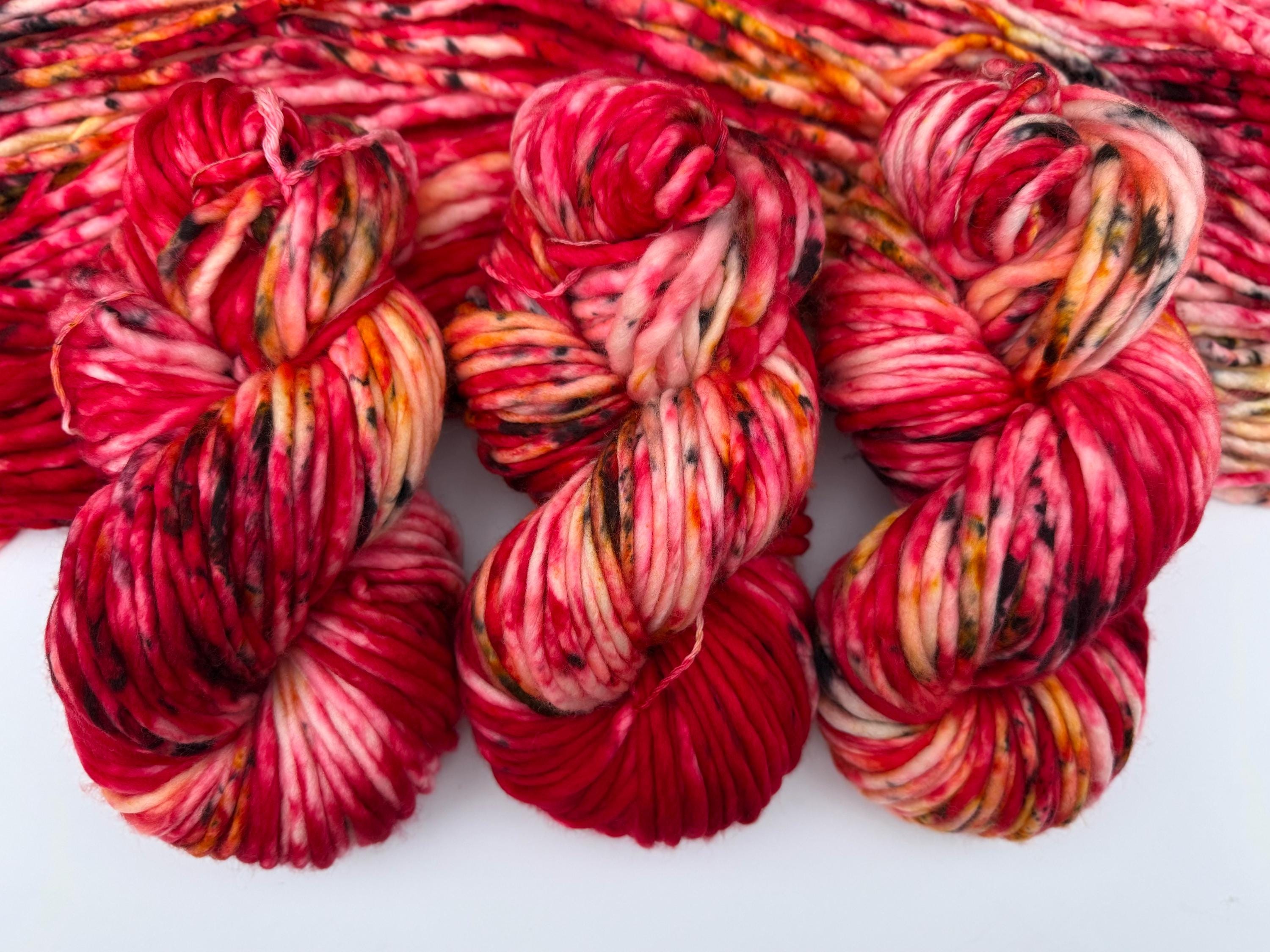 Fireberry Hand dyed super bulky merino wool, size 6 red, black, gold, speckled, solid, multicolor, indie dye, superwash