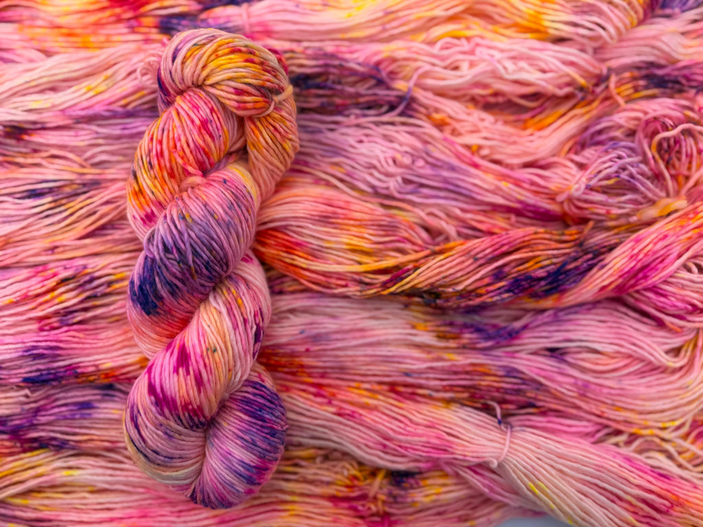 Solar flare hand dyed (worsted/aran) merino wool, superwash yarn, neon pink yellow purple, hank of yarn , for knit crochet