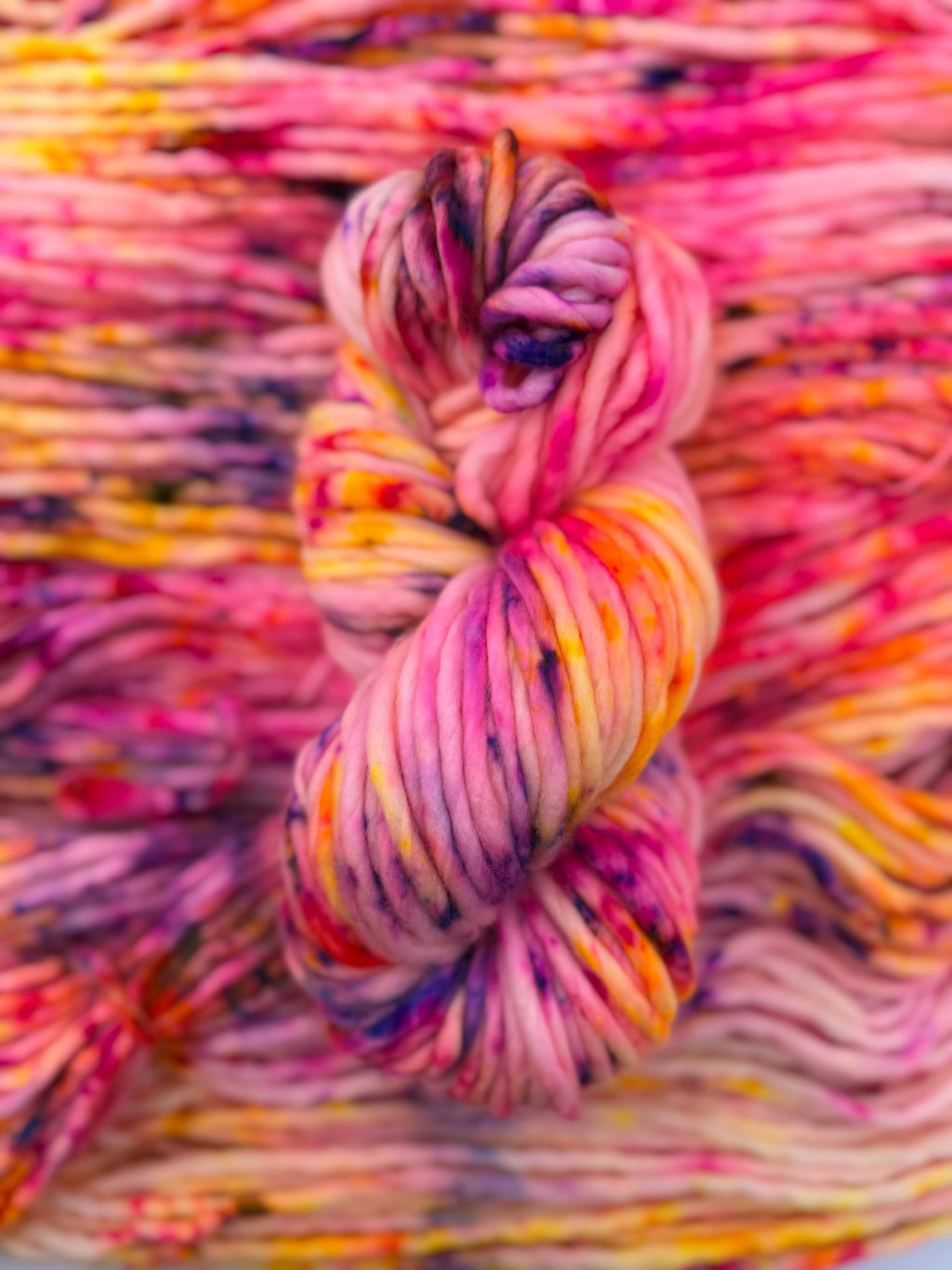 Solar flare Hand dyed super bulky merino wool, size 6 pink yellow purple , speckled, multicolor, indie dye, superwash spring colorway