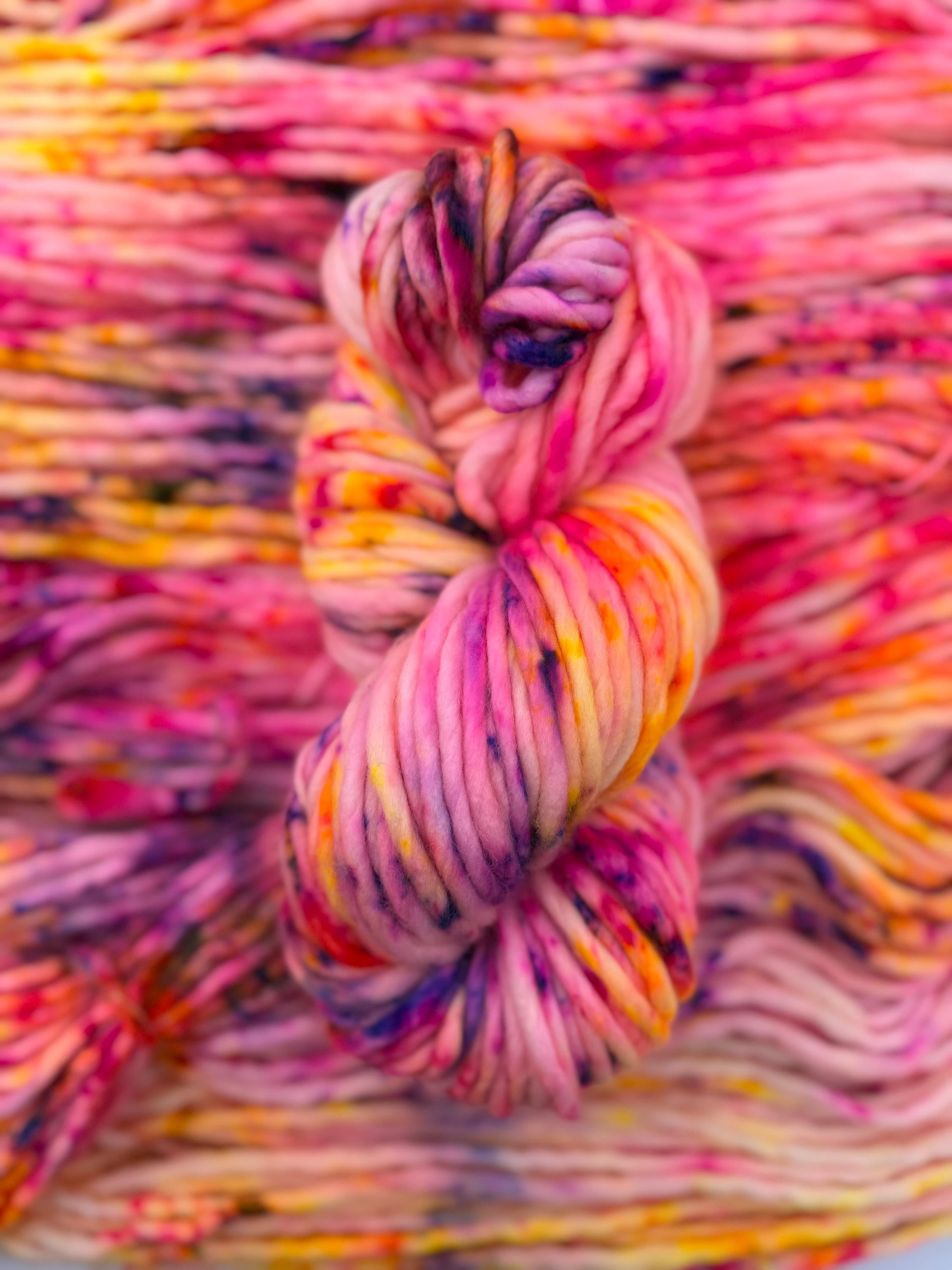 Solar flare Hand dyed super bulky merino wool, size 6 pink yellow purple , speckled, multicolor, indie dye, superwash spring colorway