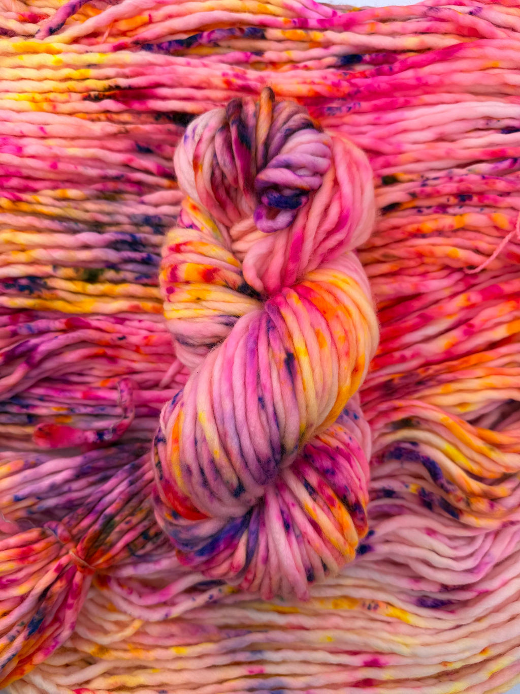 Solar flare Hand dyed super bulky merino wool, size 6 pink yellow purple , speckled, multicolor, indie dye, superwash spring colorway