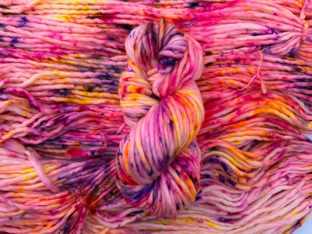 Solar flare Hand dyed super bulky merino wool, size 6 pink yellow purple , speckled, multicolor, indie dye, superwash spring colorway