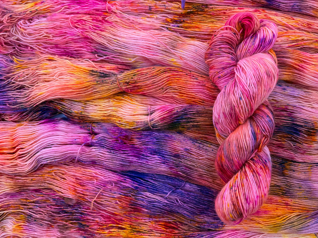 Solar flare hand dyed (sock/fingering) merino wool, superwash yarn, neon pink yellow purple, hank of yarn , for knit crochet