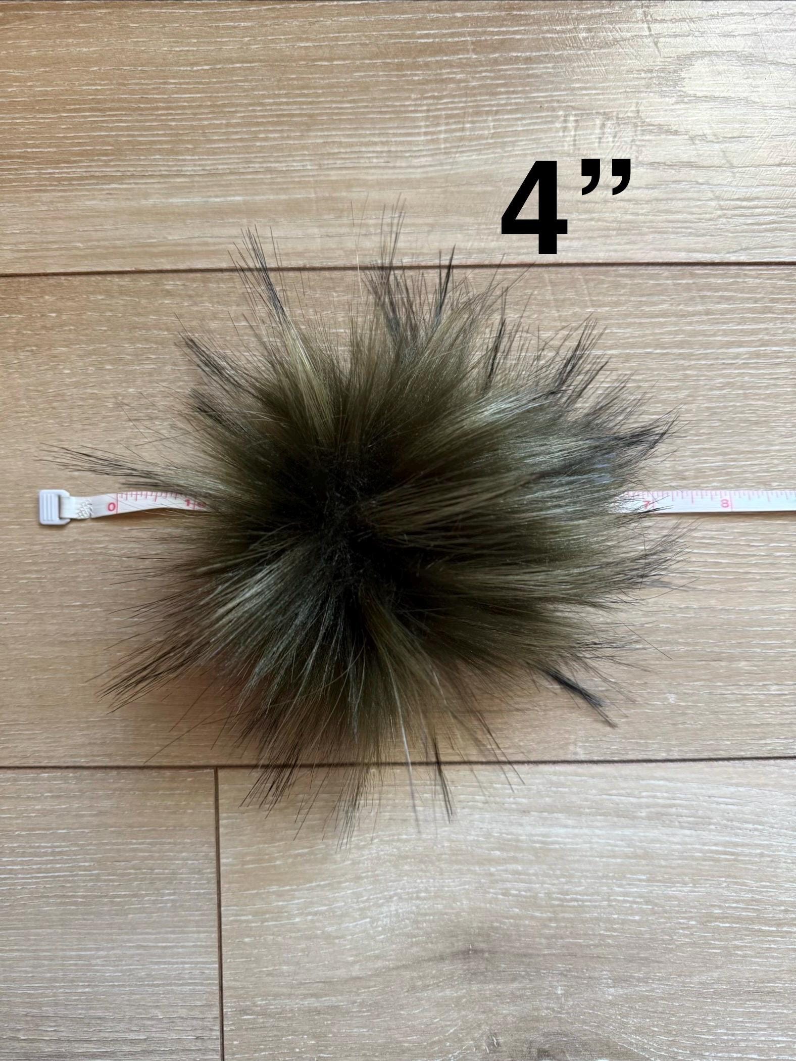 Everglade Faux fur Pom Pom, dark green, small, medium, large, fluffy, pre made, tie on, cotton string, for beanies, scarves