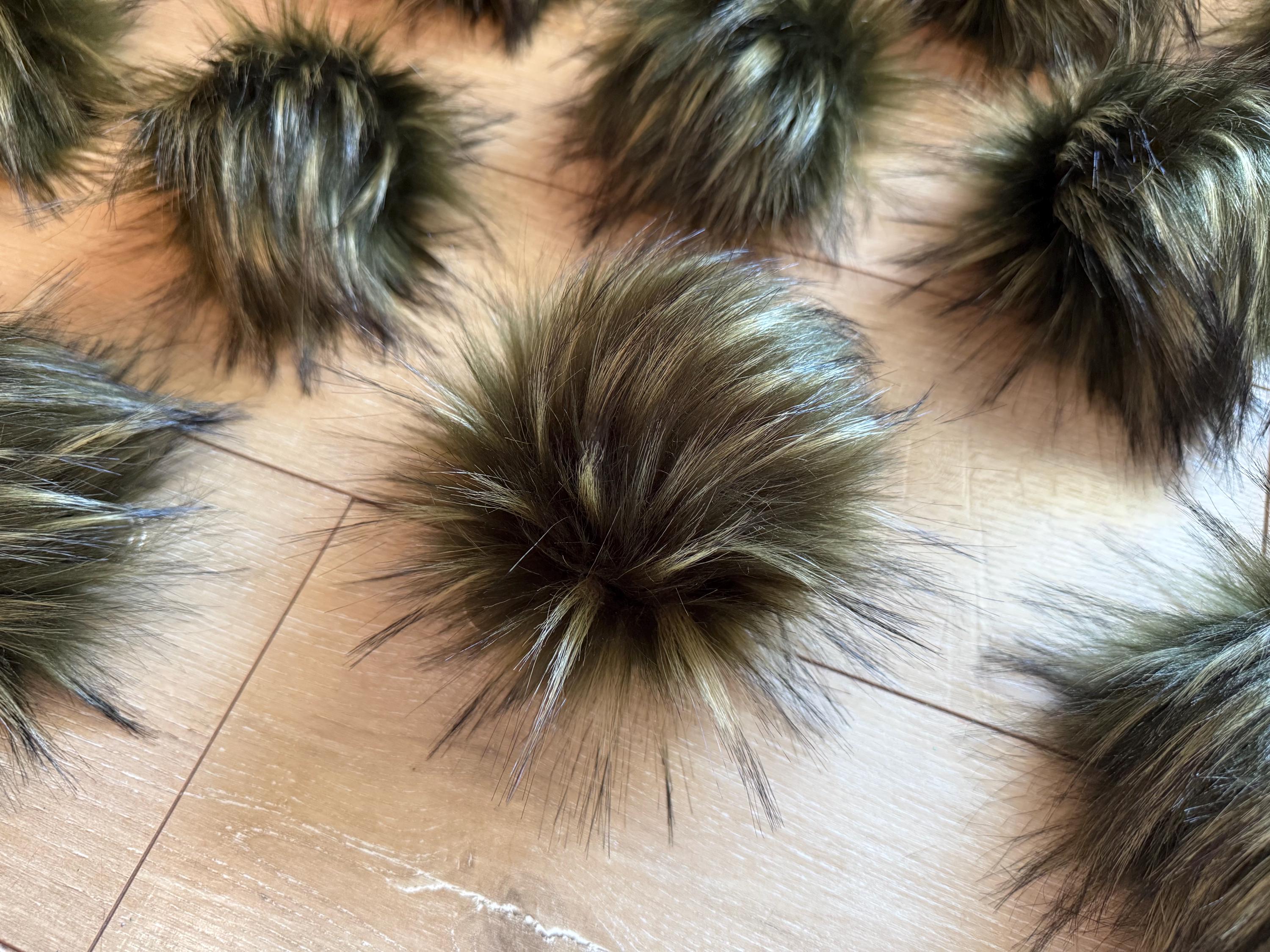 Everglade Faux fur Pom Pom, dark green, small, medium, large, fluffy, pre made, tie on, cotton string, for beanies, scarves