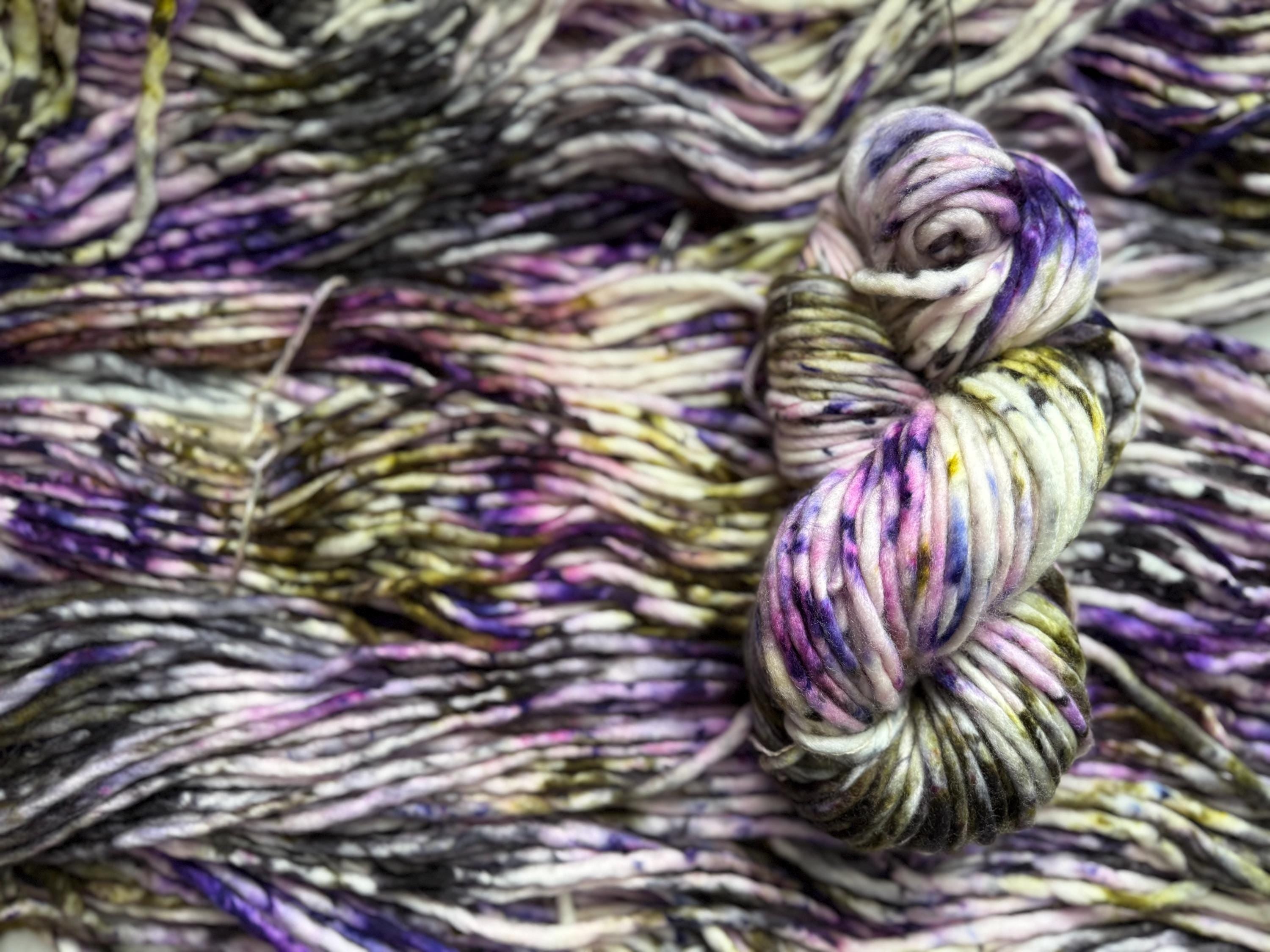 Pansy garden Hand dyed super bulky merino wool, size 6 , purple green black, natural, speckled, solid, multicolor, indie dye, superwash