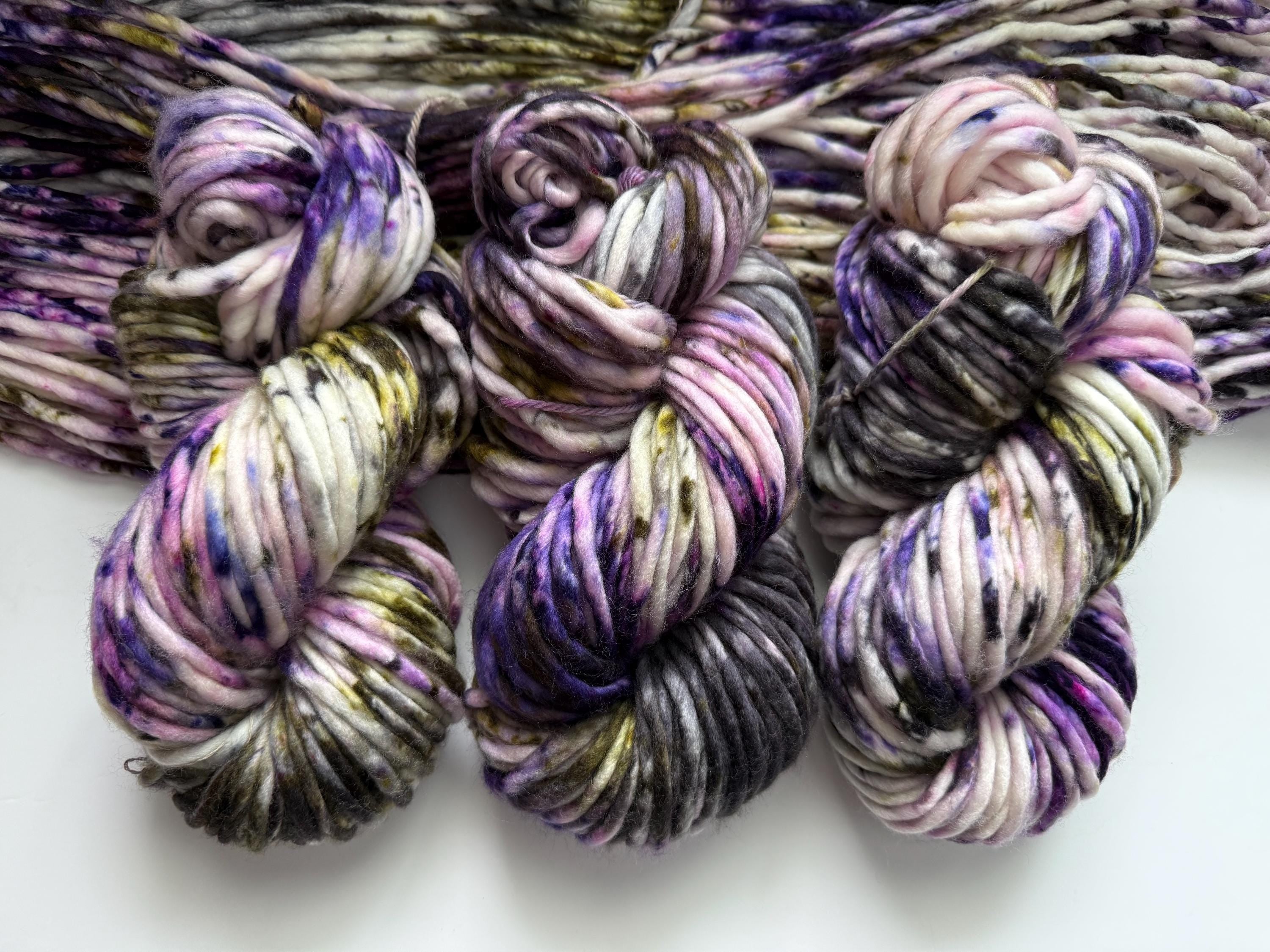 Pansy garden Hand dyed super bulky merino wool, size 6 , purple green black, natural, speckled, solid, multicolor, indie dye, superwash