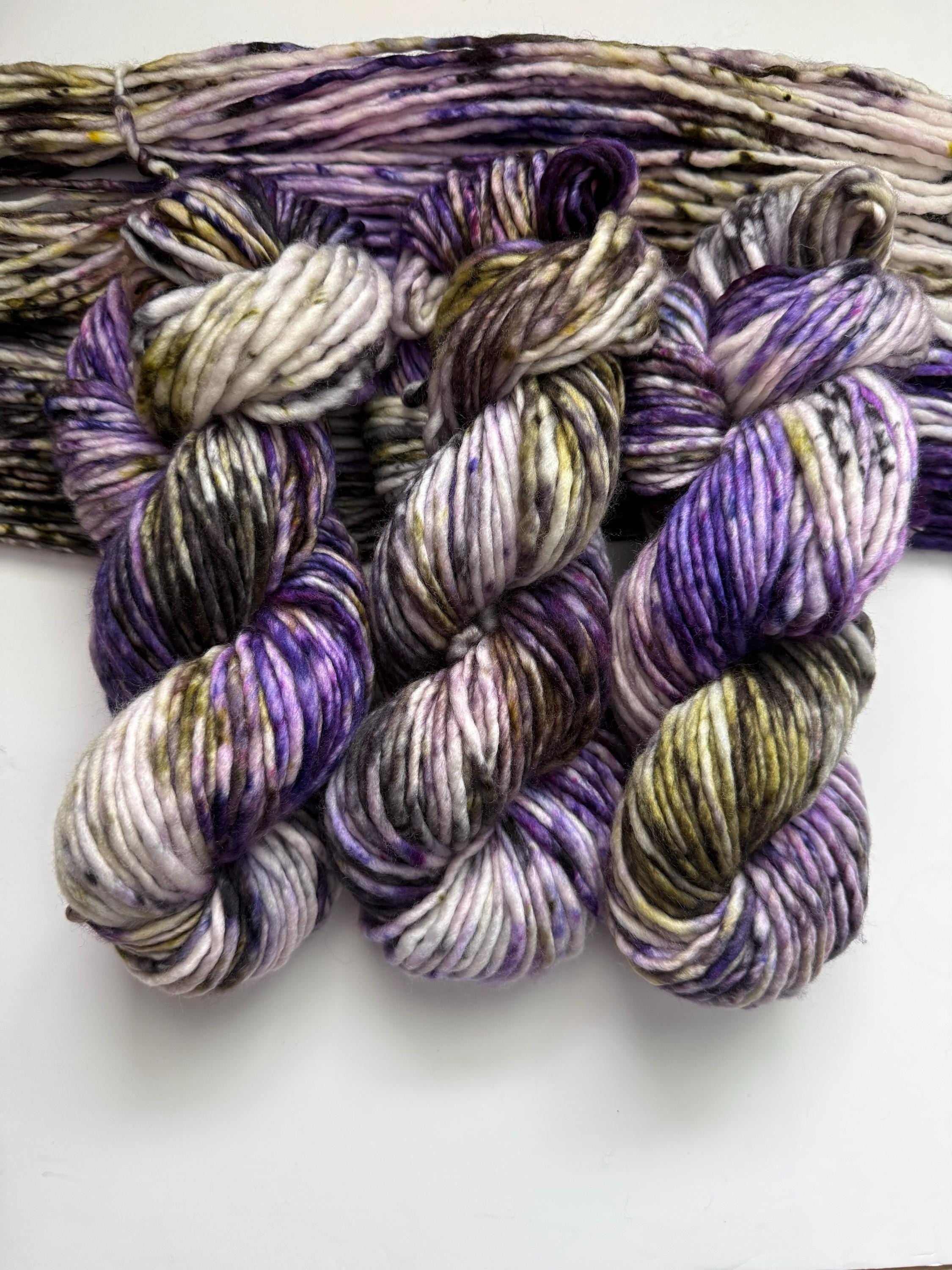 Pansy garden bulky hand dyed bulky merino wool, 109 yard, 5 weight, speckled, semi solid, green purple natural, indie dye, superwash