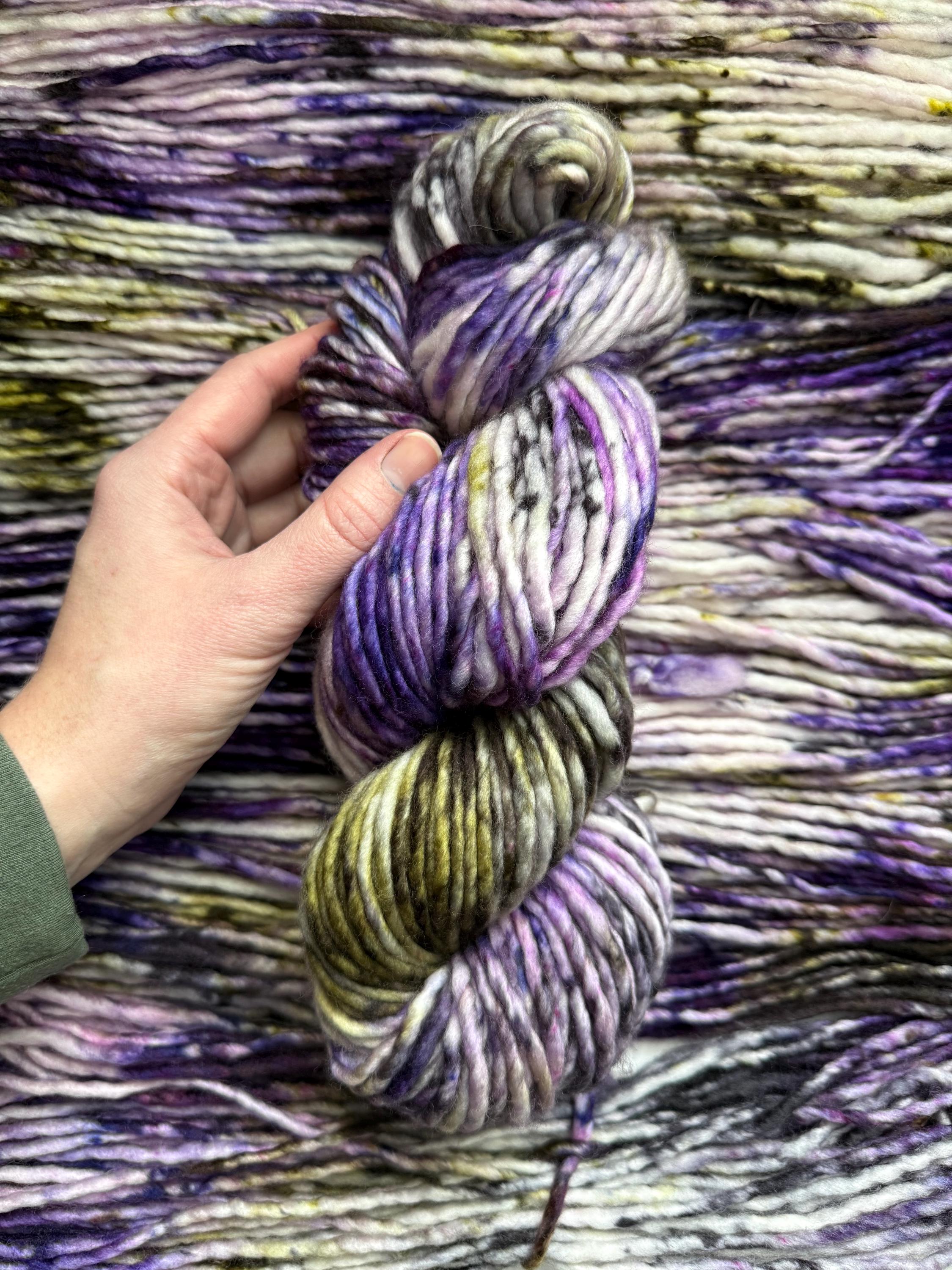 Pansy garden bulky hand dyed bulky merino wool, 109 yard, 5 weight, speckled, semi solid, green purple natural, indie dye, superwash