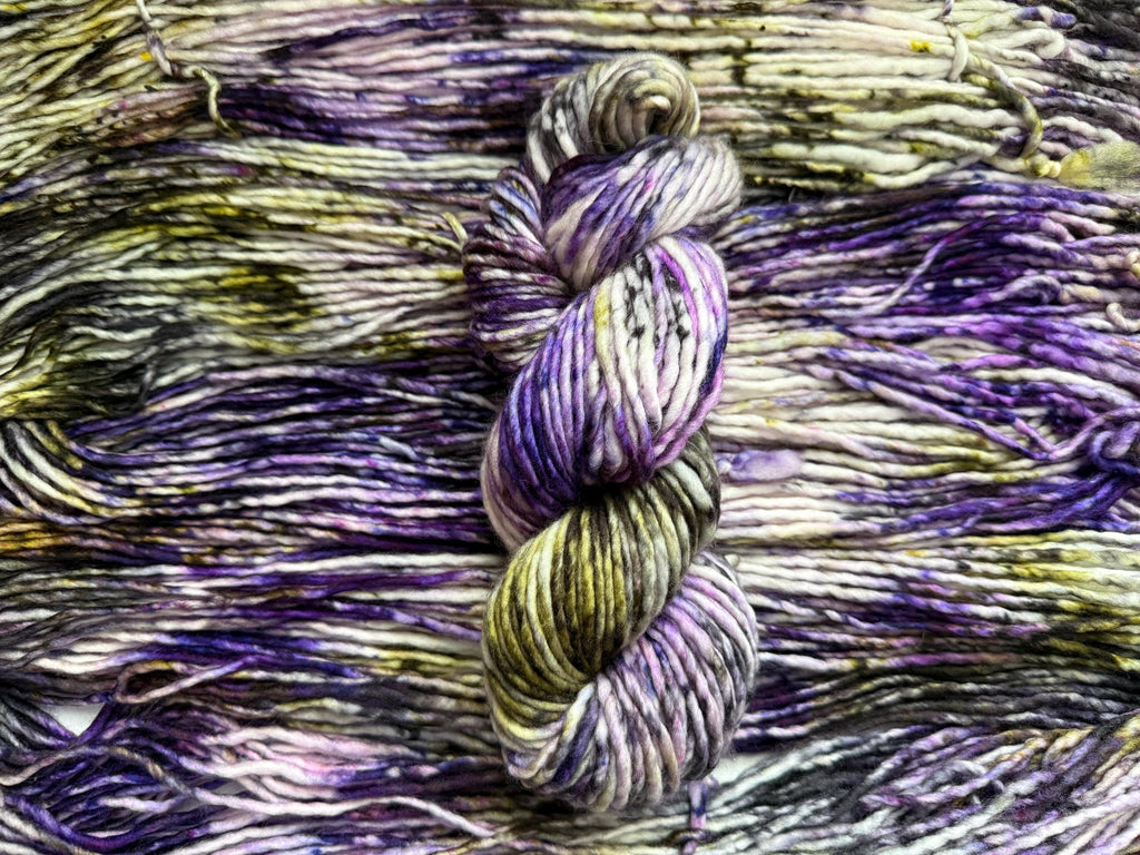 Pansy garden bulky hand dyed bulky merino wool, 109 yard, 5 weight, speckled, semi solid, green purple natural, indie dye, superwash