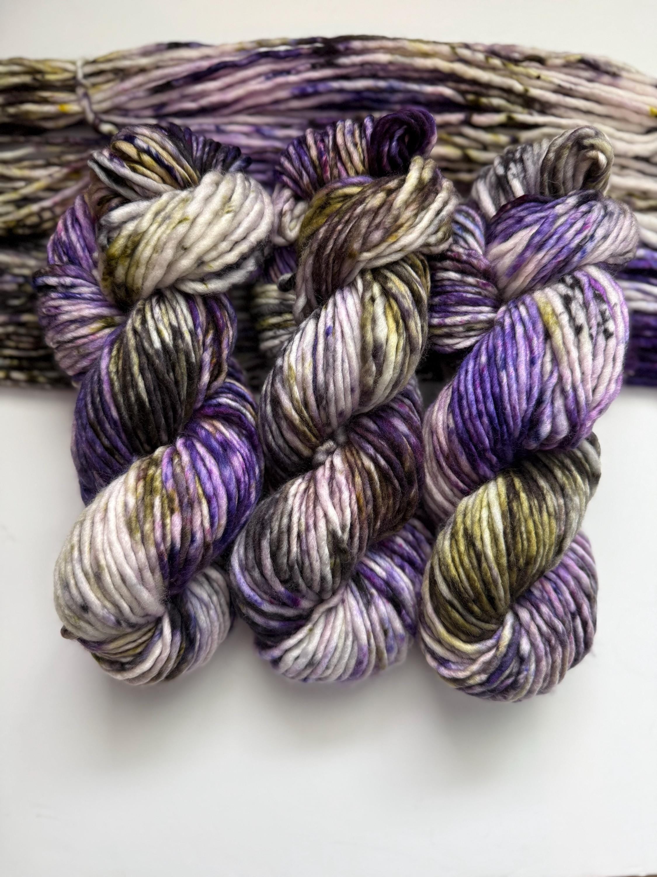 Pansy garden bulky hand dyed bulky merino wool, 109 yard, 5 weight, speckled, semi solid, green purple natural, indie dye, superwash