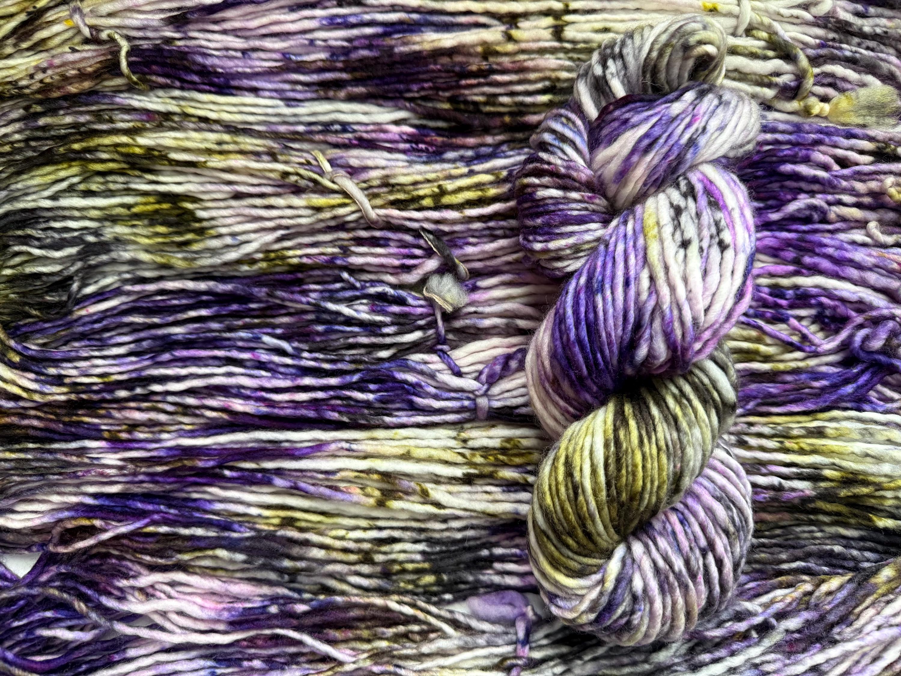 Pansy garden bulky hand dyed bulky merino wool, 109 yard, 5 weight, speckled, semi solid, green purple natural, indie dye, superwash