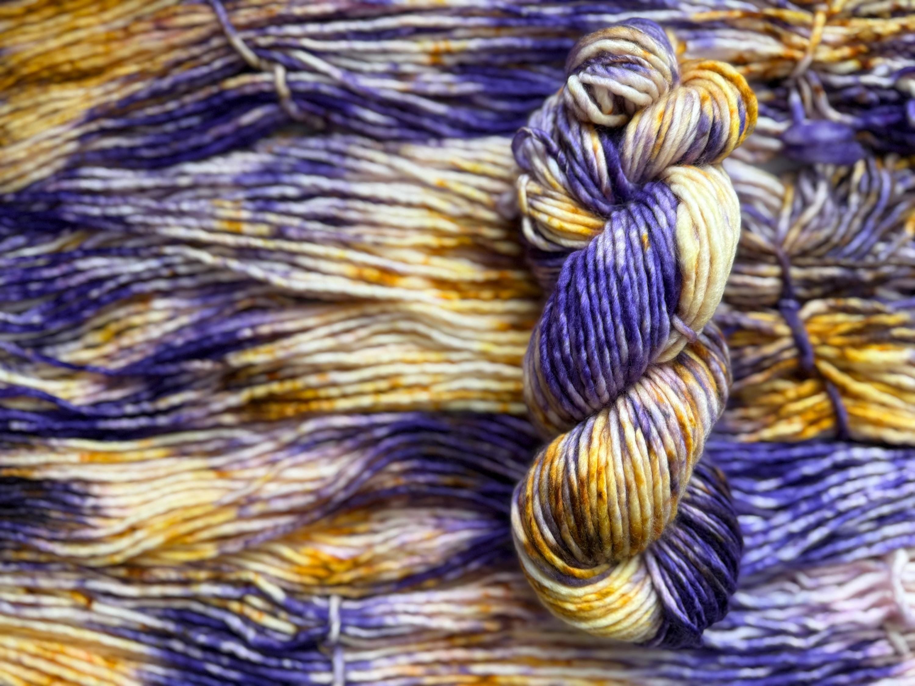 Royalty bulky hand dyed bulky merino wool, 109 yard, 5 weight, speckled, semi solid, gold purple natural, indie dye, superwash