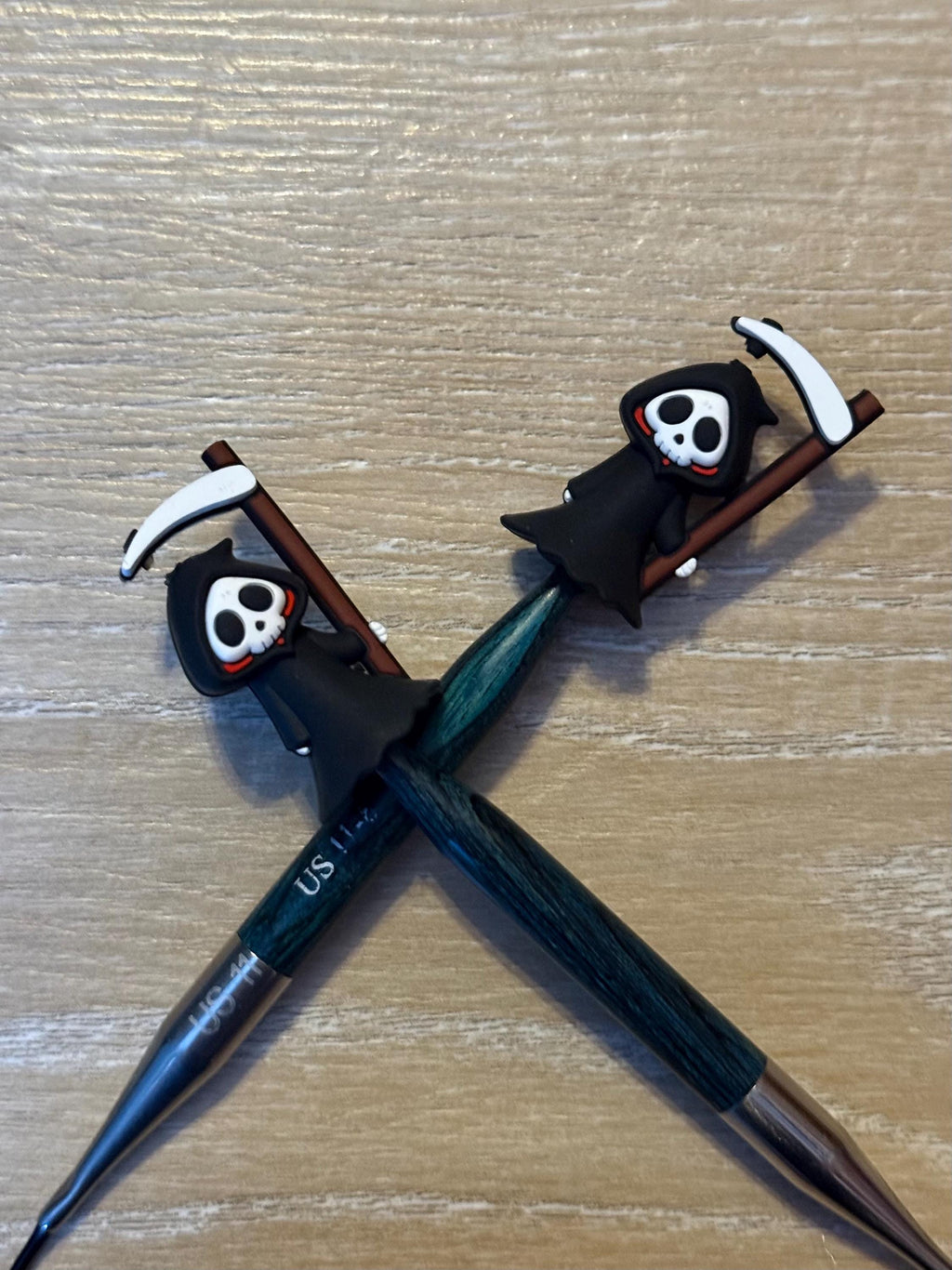 Needle stoppers for knitting needles, Halloween, books, grim reaper, skeleton