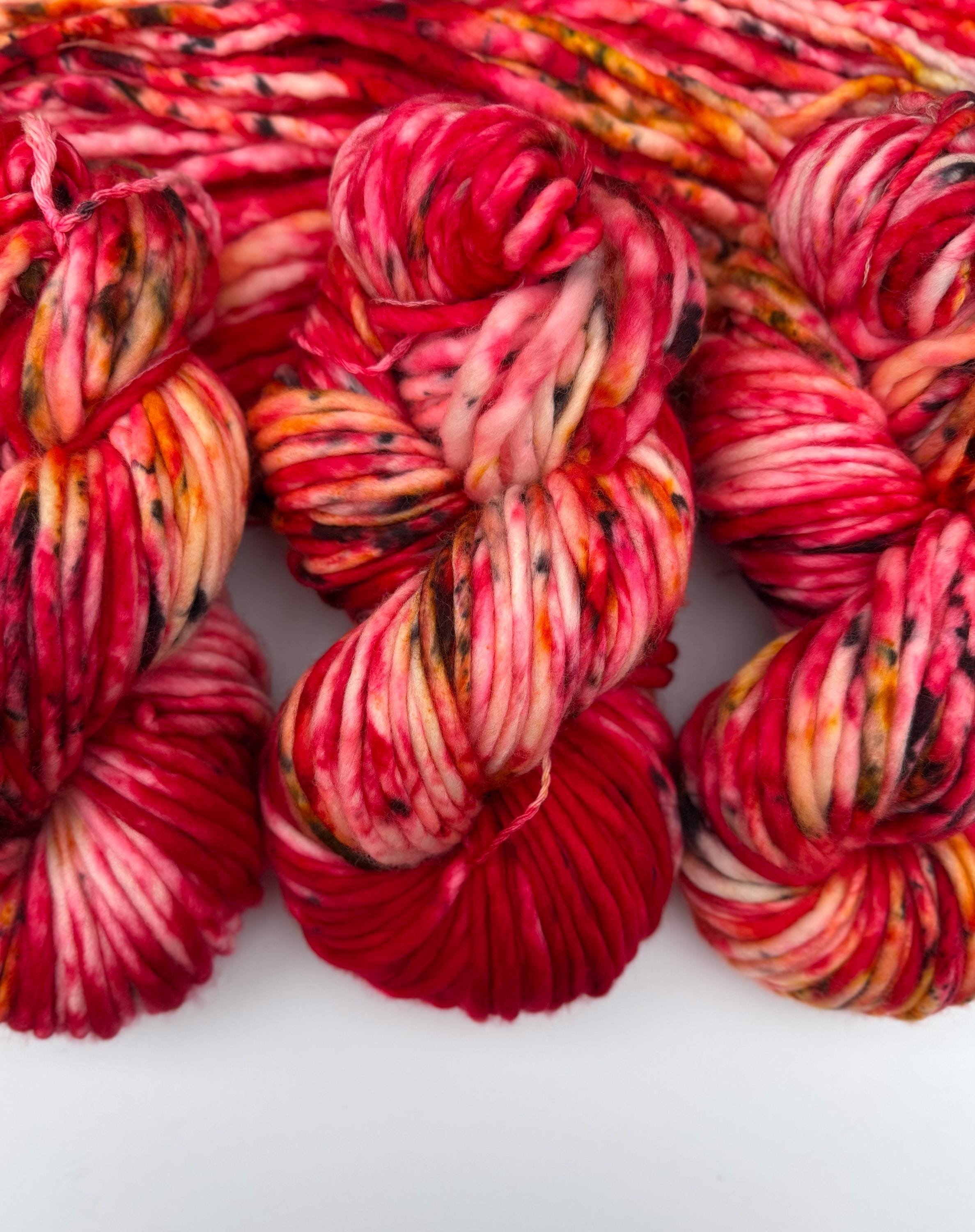 Fireberry Hand dyed super bulky merino wool, size 6 red, black, gold, speckled, solid, multicolor, indie dye, superwash