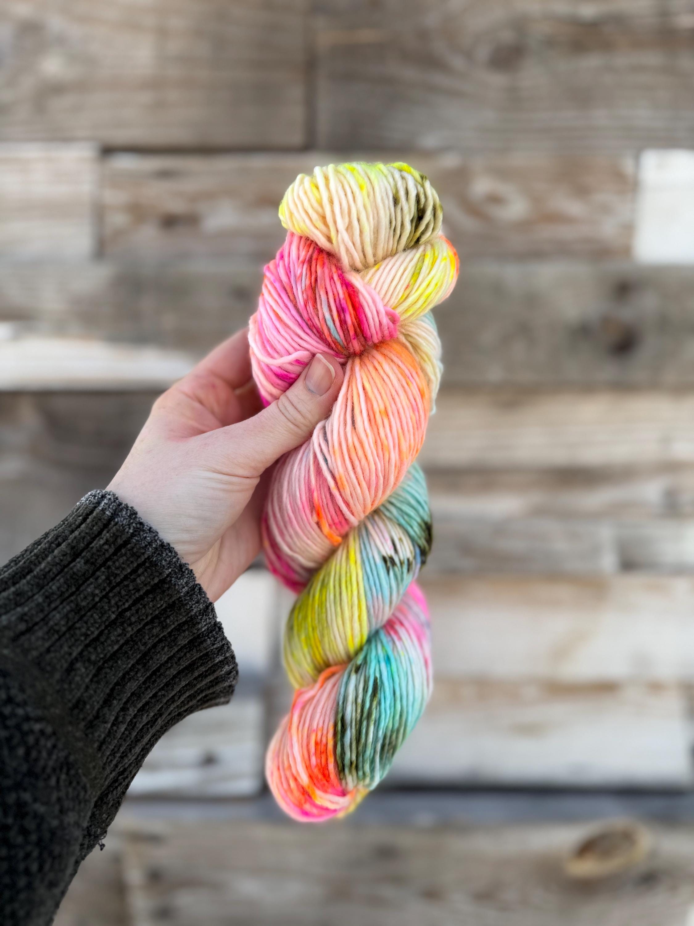 Cheer hand dyed (worsted/aran) merino wool, superwash yarn, blue pink yellow, hank of yarn , for knit crochet