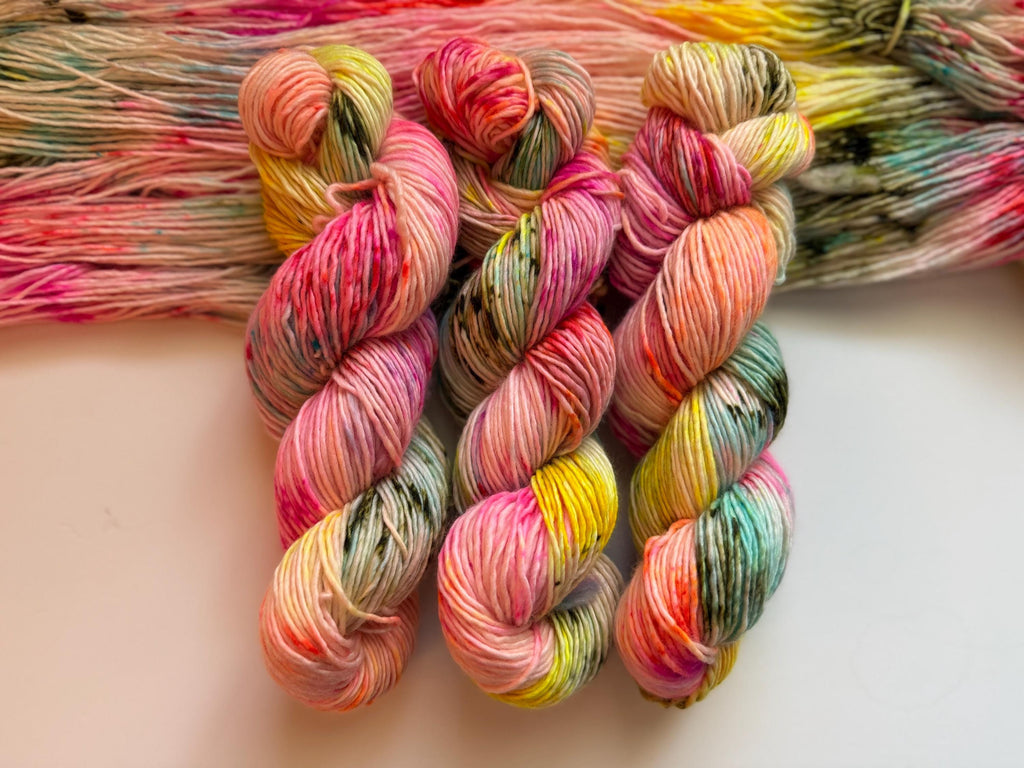 Cheer hand dyed (worsted/aran) merino wool, superwash yarn, blue pink yellow, hank of yarn , for knit crochet