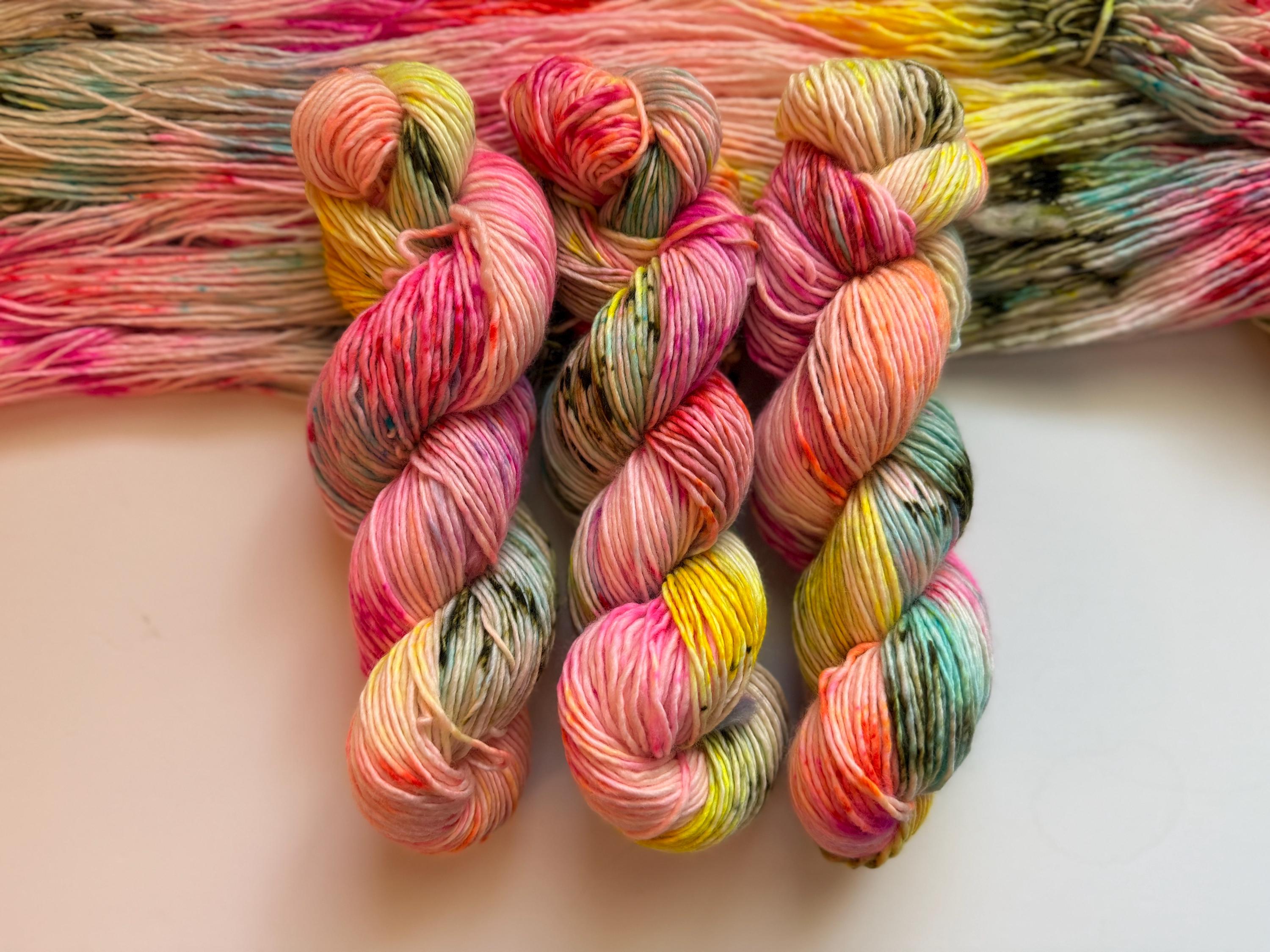 Cheer hand dyed (worsted/aran) merino wool, superwash yarn, blue pink yellow, hank of yarn , for knit crochet