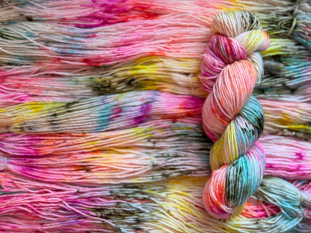 Cheer hand dyed (worsted/aran) merino wool, superwash yarn, blue pink yellow, hank of yarn , for knit crochet