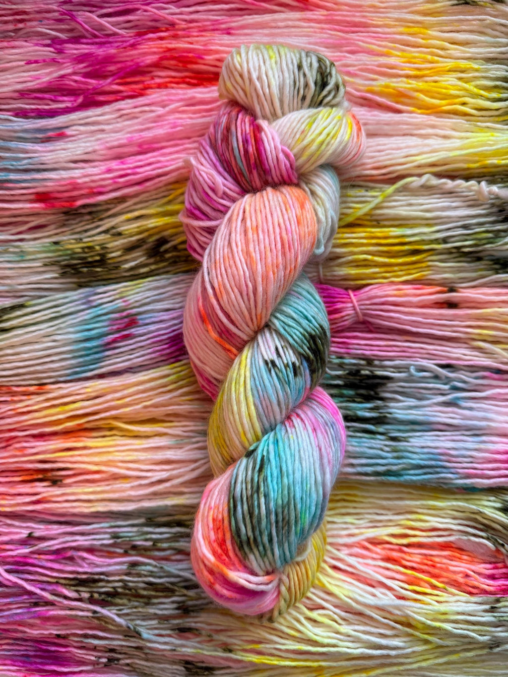 Cheer hand dyed (worsted/aran) merino wool, superwash yarn, blue pink yellow, hank of yarn , for knit crochet