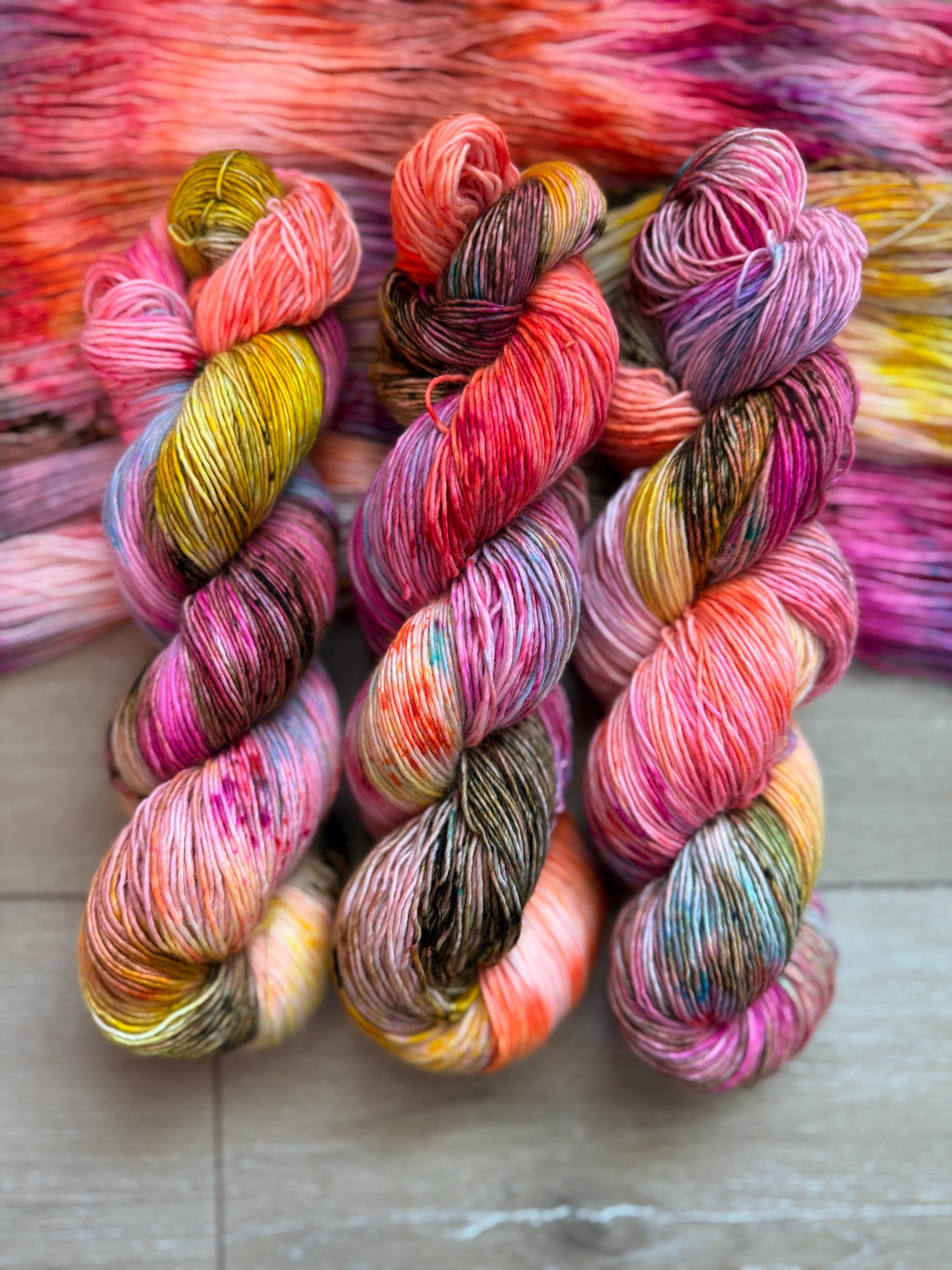 Disco hand dyed (sock/fingering) merino wool, superwash yarn, green purple pink, hank of yarn , for knit crochet