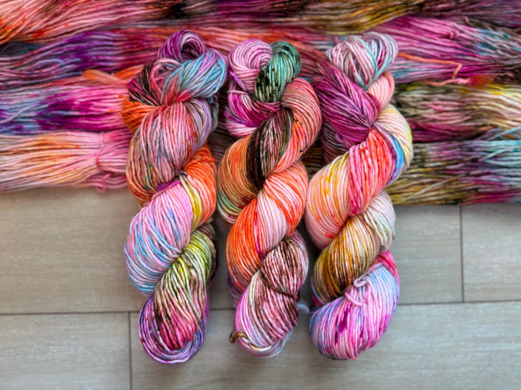 Disco hand dyed (worsted/aran) merino wool, superwash yarn, blue pink yellow, hank of yarn , for knit crochet