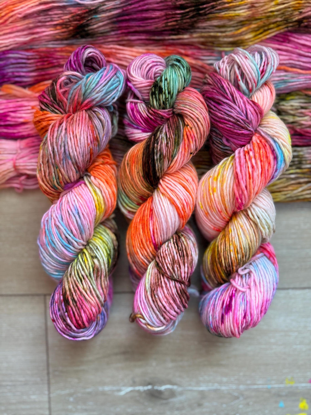 Disco hand dyed (worsted/aran) merino wool, superwash yarn, blue pink yellow, hank of yarn , for knit crochet