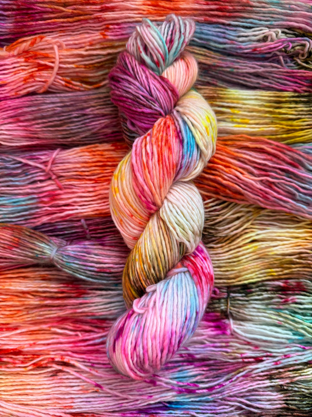 Disco hand dyed (worsted/aran) merino wool, superwash yarn, blue pink yellow, hank of yarn , for knit crochet