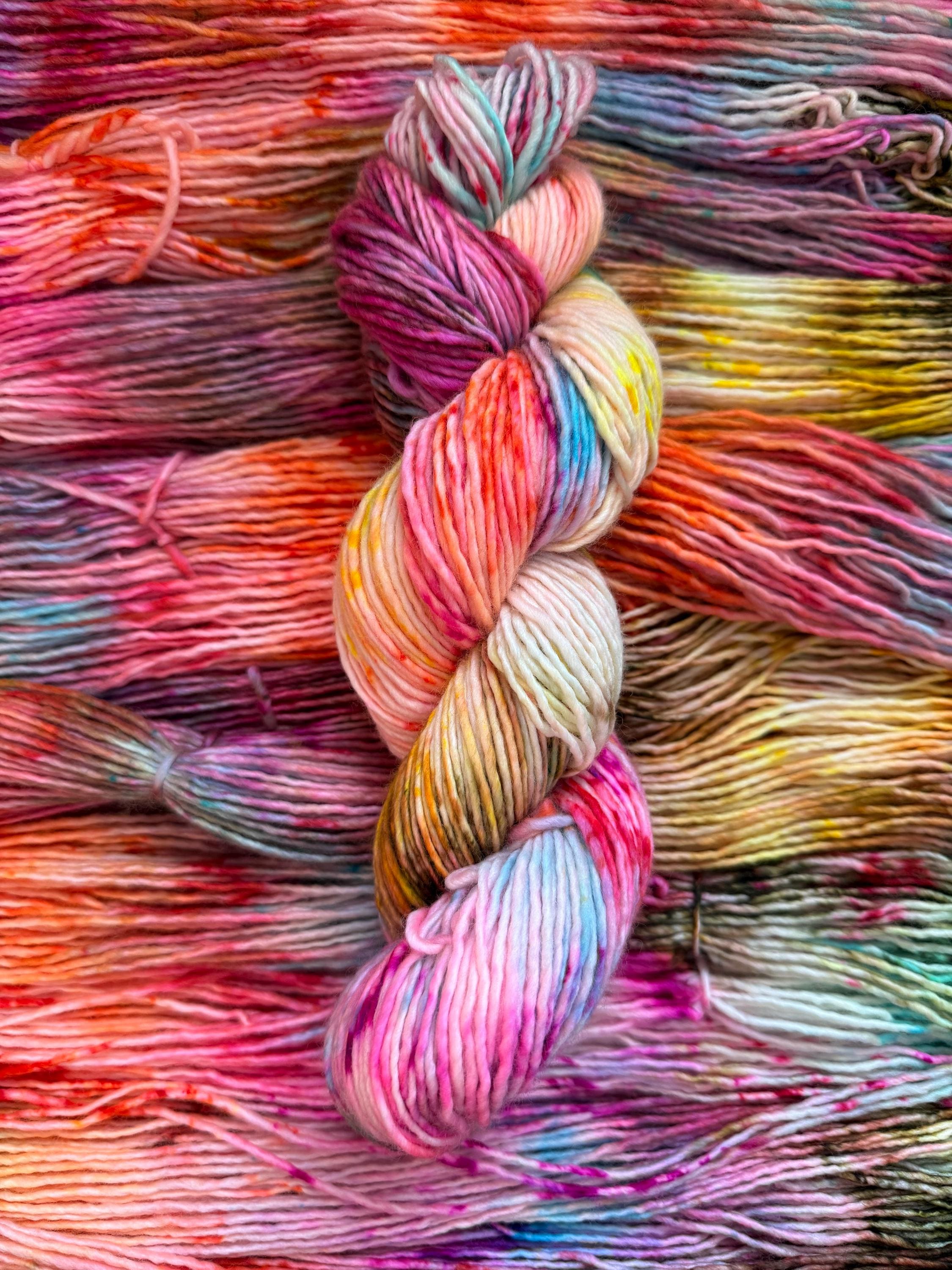 Disco hand dyed (worsted/aran) merino wool, superwash yarn, blue pink yellow, hank of yarn , for knit crochet