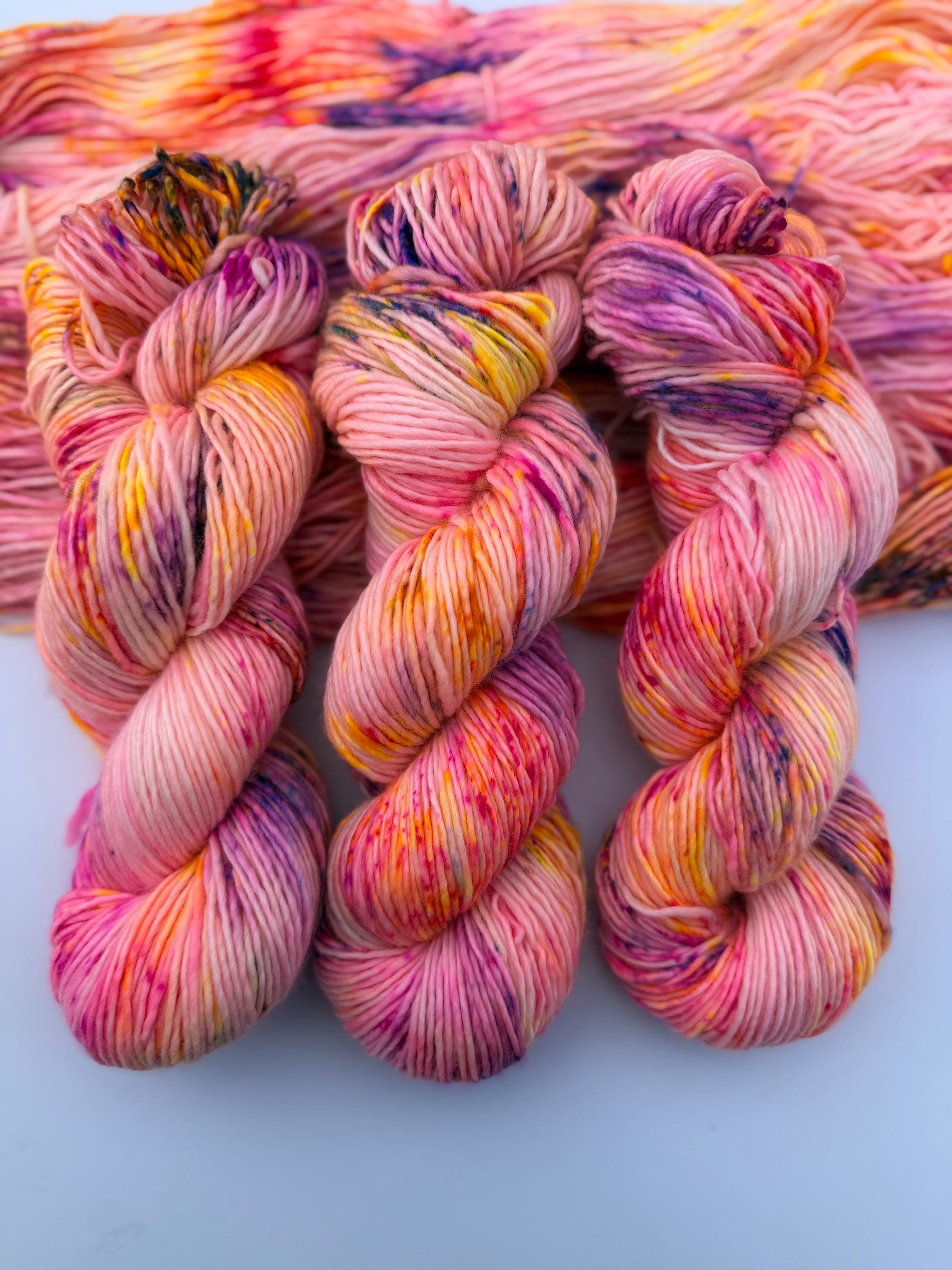 Solar flare hand dyed (worsted/aran) merino wool, superwash yarn, neon pink yellow purple, hank of yarn , for knit crochet