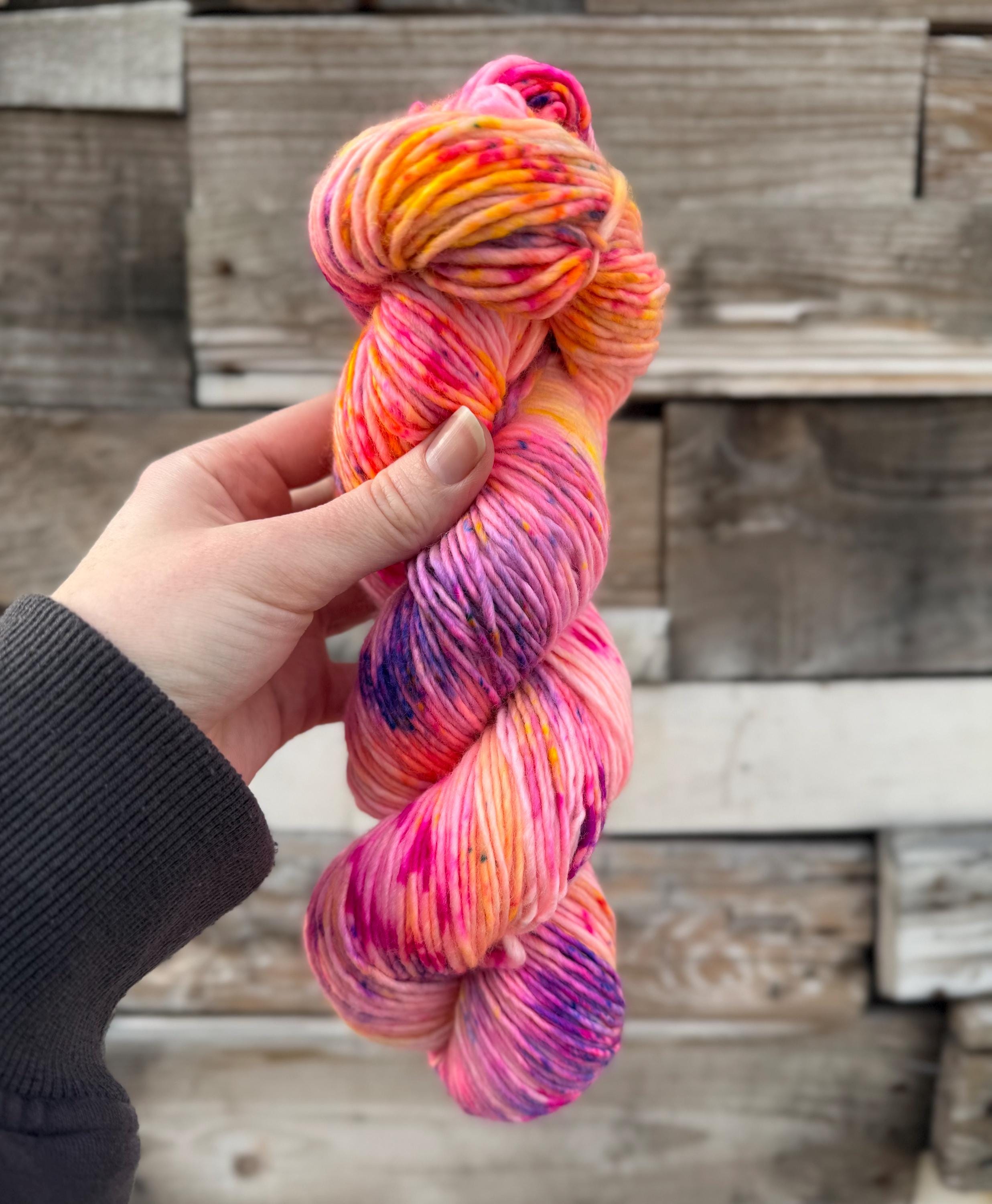 Solar flare hand dyed (worsted/aran) merino wool, superwash yarn, neon pink yellow purple, hank of yarn , for knit crochet