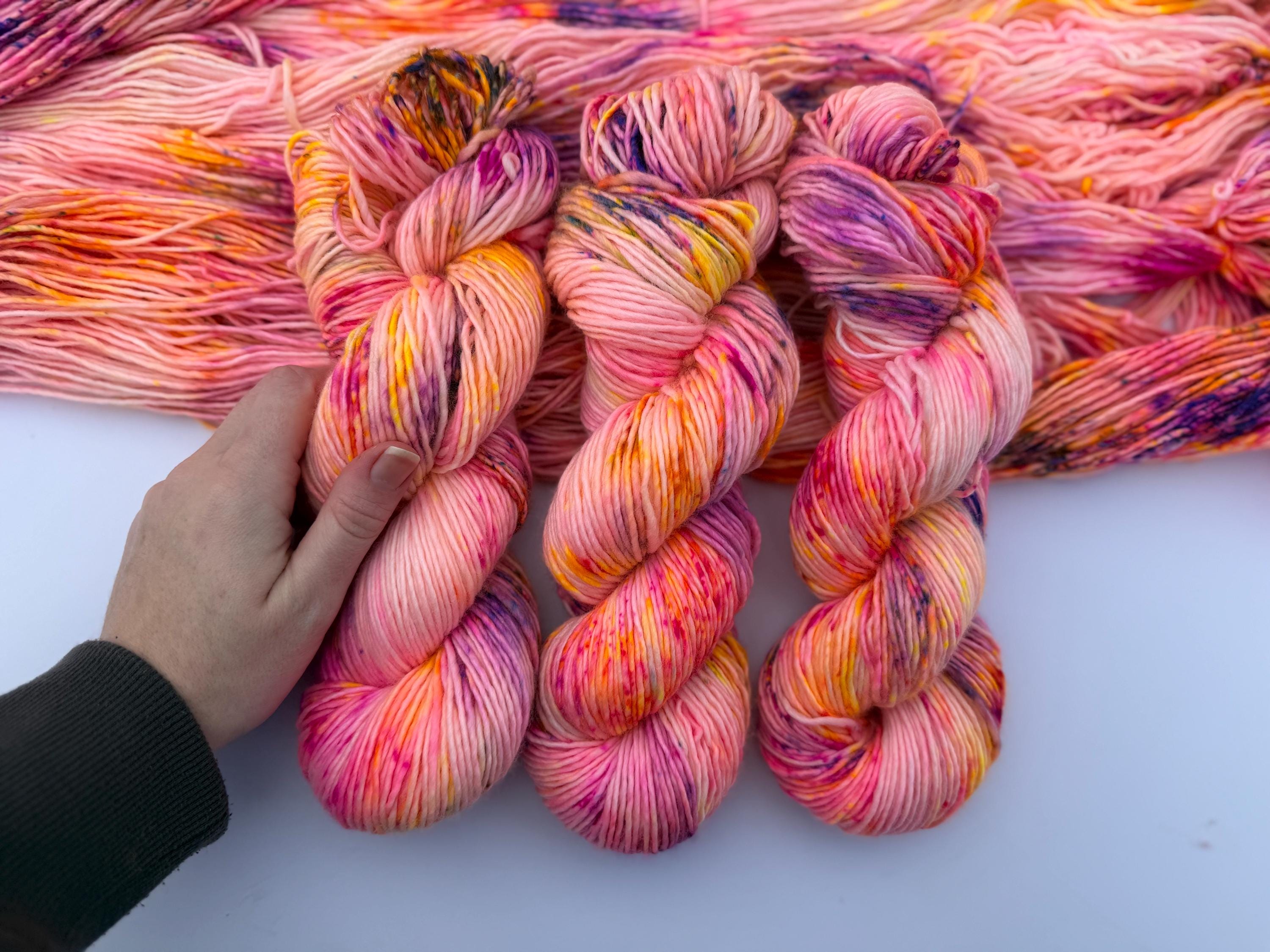 Solar flare hand dyed (worsted/aran) merino wool, superwash yarn, neon pink yellow purple, hank of yarn , for knit crochet