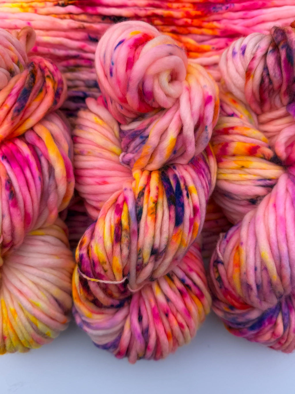 Solar flare Hand dyed super bulky merino wool, size 6 pink yellow purple , speckled, multicolor, indie dye, superwash spring colorway