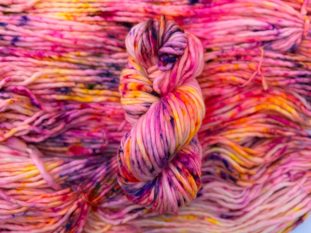 Solar flare Hand dyed super bulky merino wool, size 6 pink yellow purple , speckled, multicolor, indie dye, superwash spring colorway