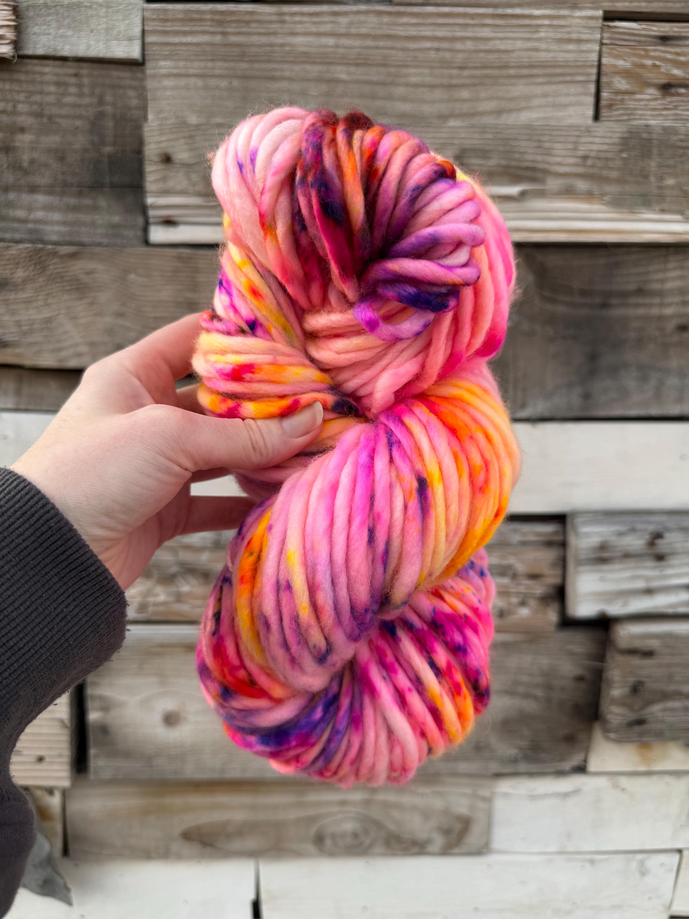 Solar flare Hand dyed super bulky merino wool, size 6 pink yellow purple , speckled, multicolor, indie dye, superwash spring colorway