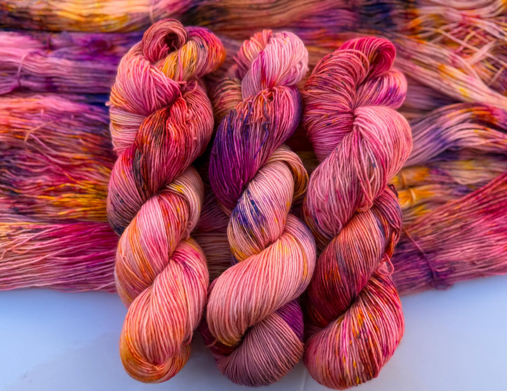 Solar flare hand dyed (sock/fingering) merino wool, superwash yarn, neon pink yellow purple, hank of yarn , for knit crochet