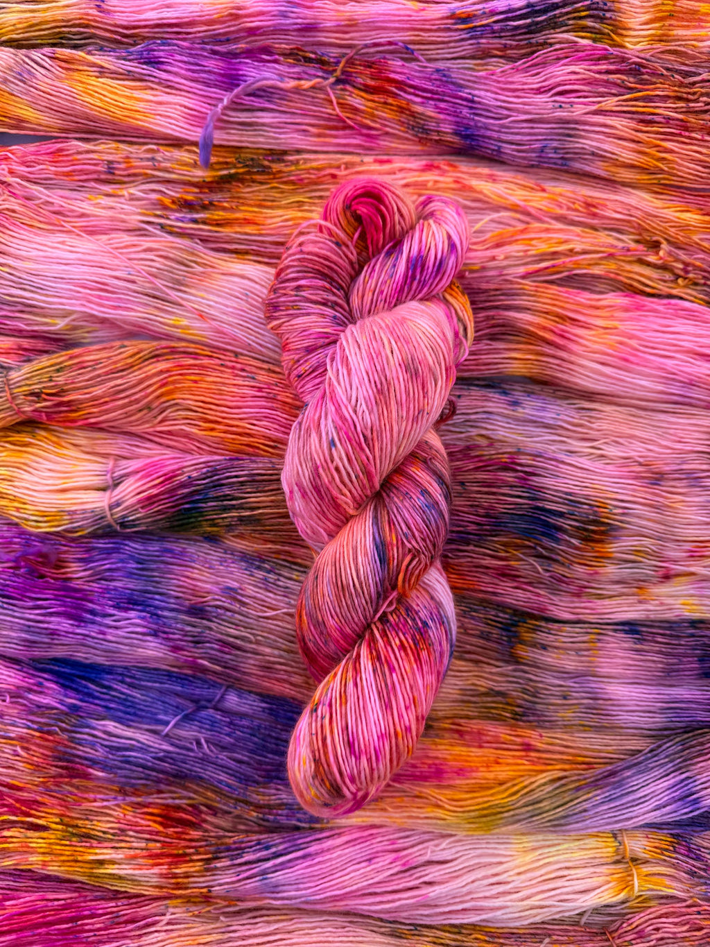 Solar flare hand dyed (sock/fingering) merino wool, superwash yarn, neon pink yellow purple, hank of yarn , for knit crochet