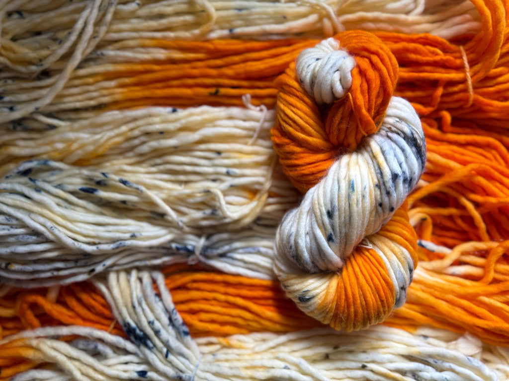 Electric ember hand dyed super bulky merino wool, size 6, 98 yards, natural, orange, speckled, solid, multicolor indie dye superwash