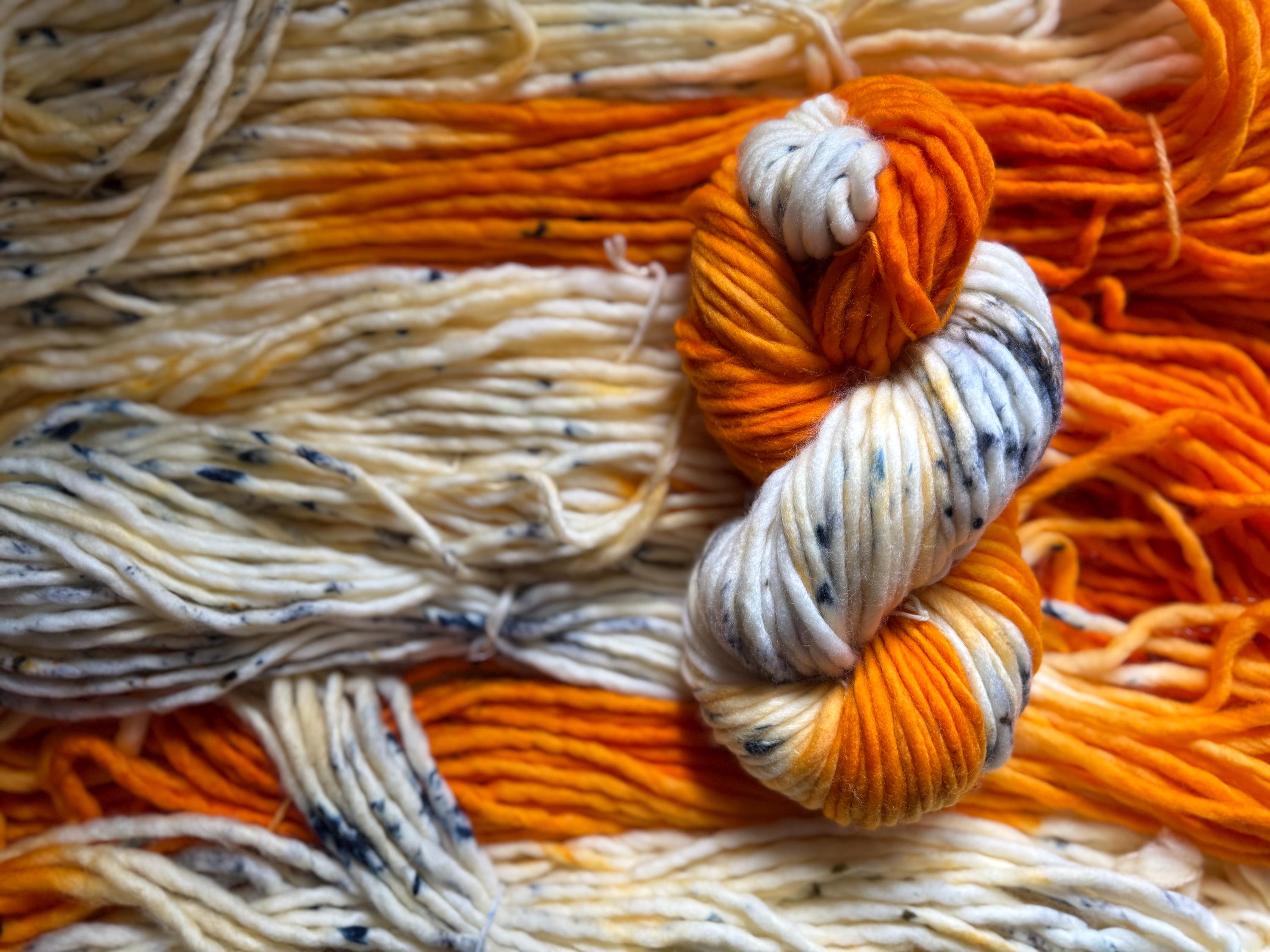 Electric ember hand dyed super bulky merino wool, size 6, 98 yards, natural, orange, speckled, solid, multicolor indie dye superwash