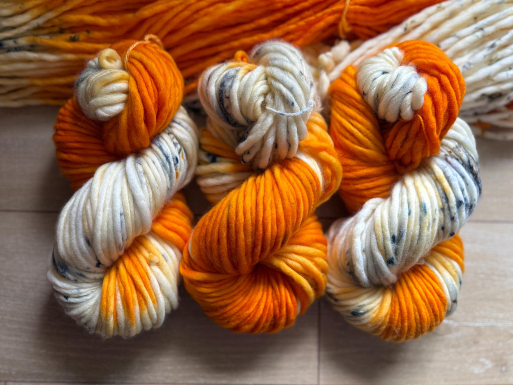 Electric ember hand dyed super bulky merino wool, size 6, 98 yards, natural, orange, speckled, solid, multicolor indie dye superwash
