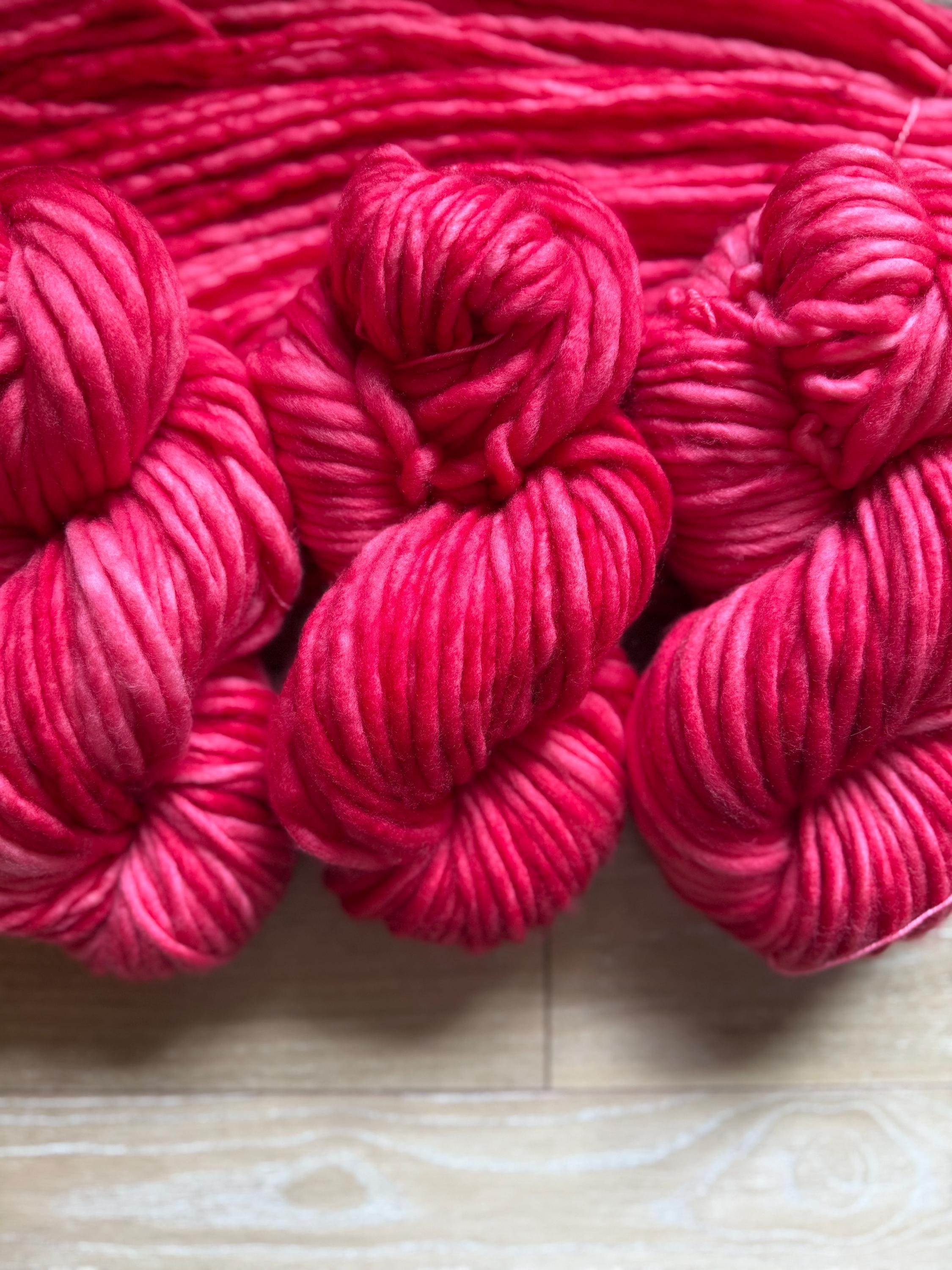 Draginfruit hand dyed super bulky merino wool, size 6, 98 yards, natural, semi solid, indie dye, superwash red pink