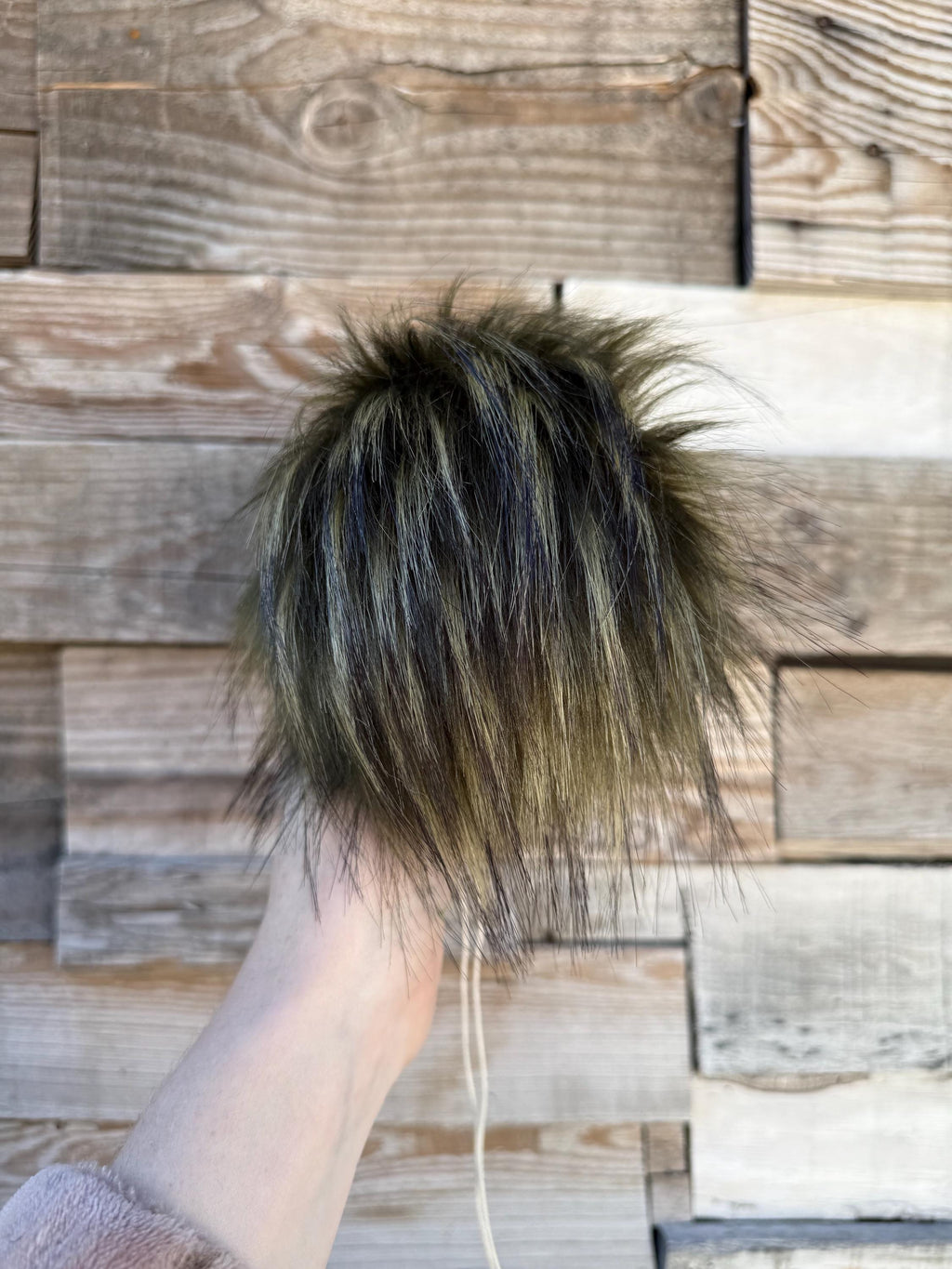 Everglade Faux fur Pom Pom, dark green, small, medium, large, fluffy, pre made, tie on, cotton string, for beanies, scarves