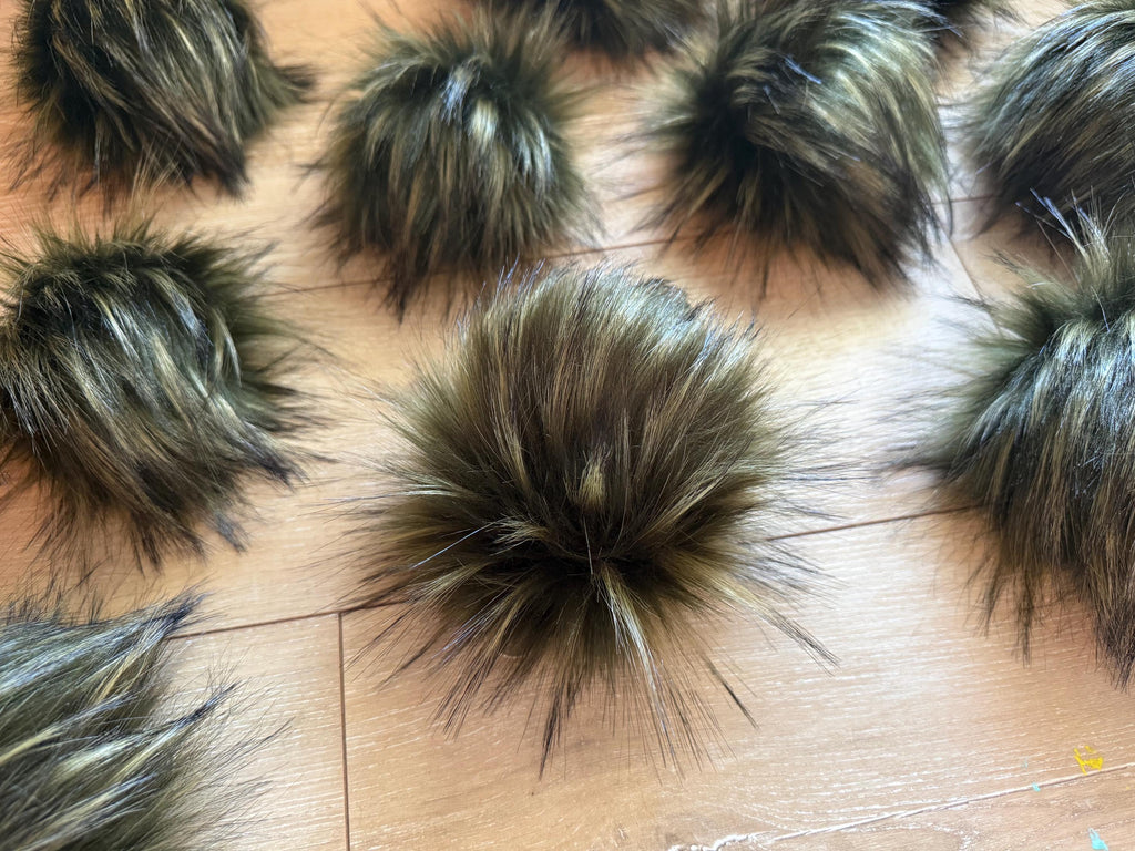 Everglade Faux fur Pom Pom, dark green, small, medium, large, fluffy, pre made, tie on, cotton string, for beanies, scarves