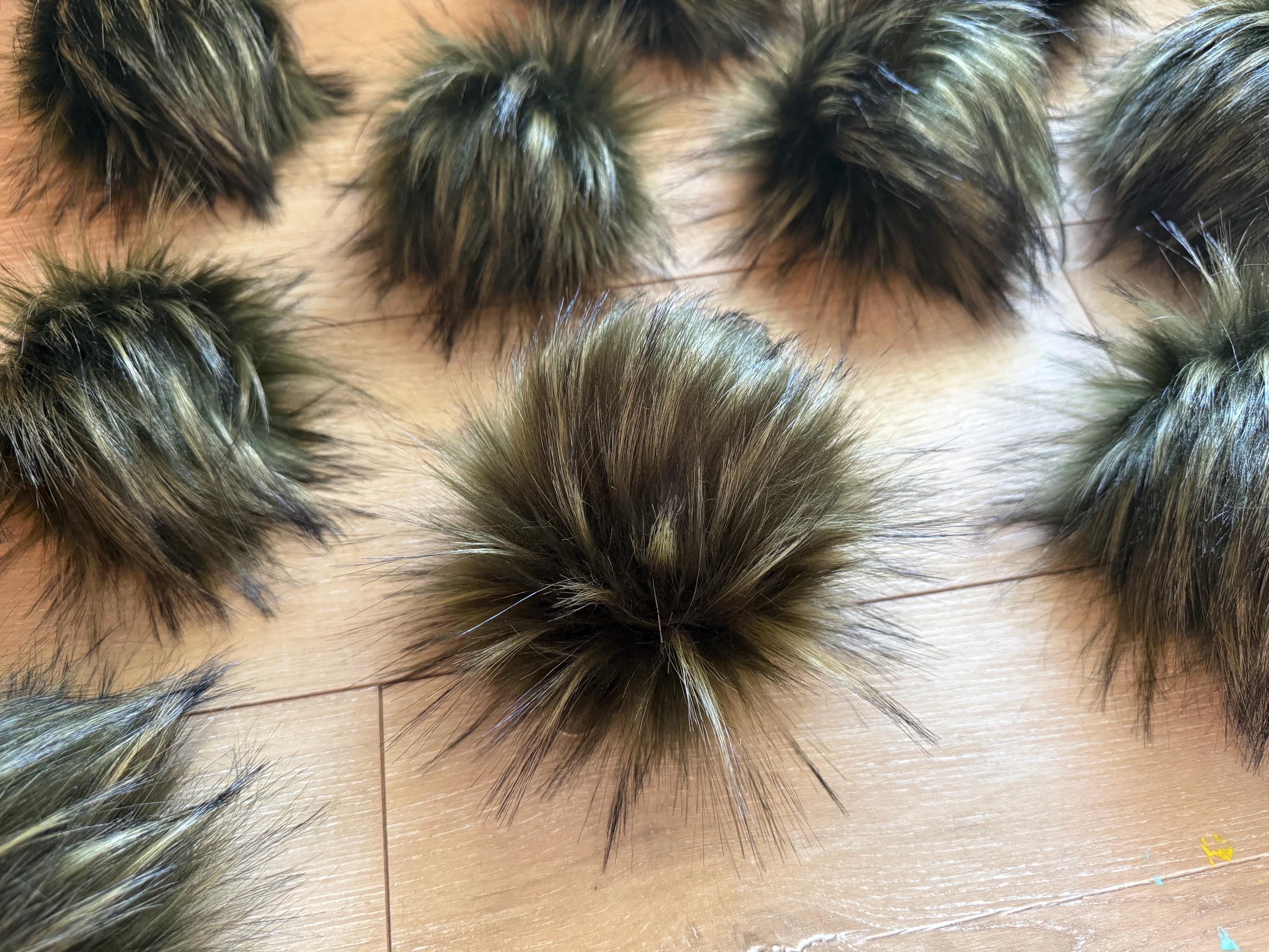 Everglade Faux fur Pom Pom, dark green, small, medium, large, fluffy, pre made, tie on, cotton string, for beanies, scarves