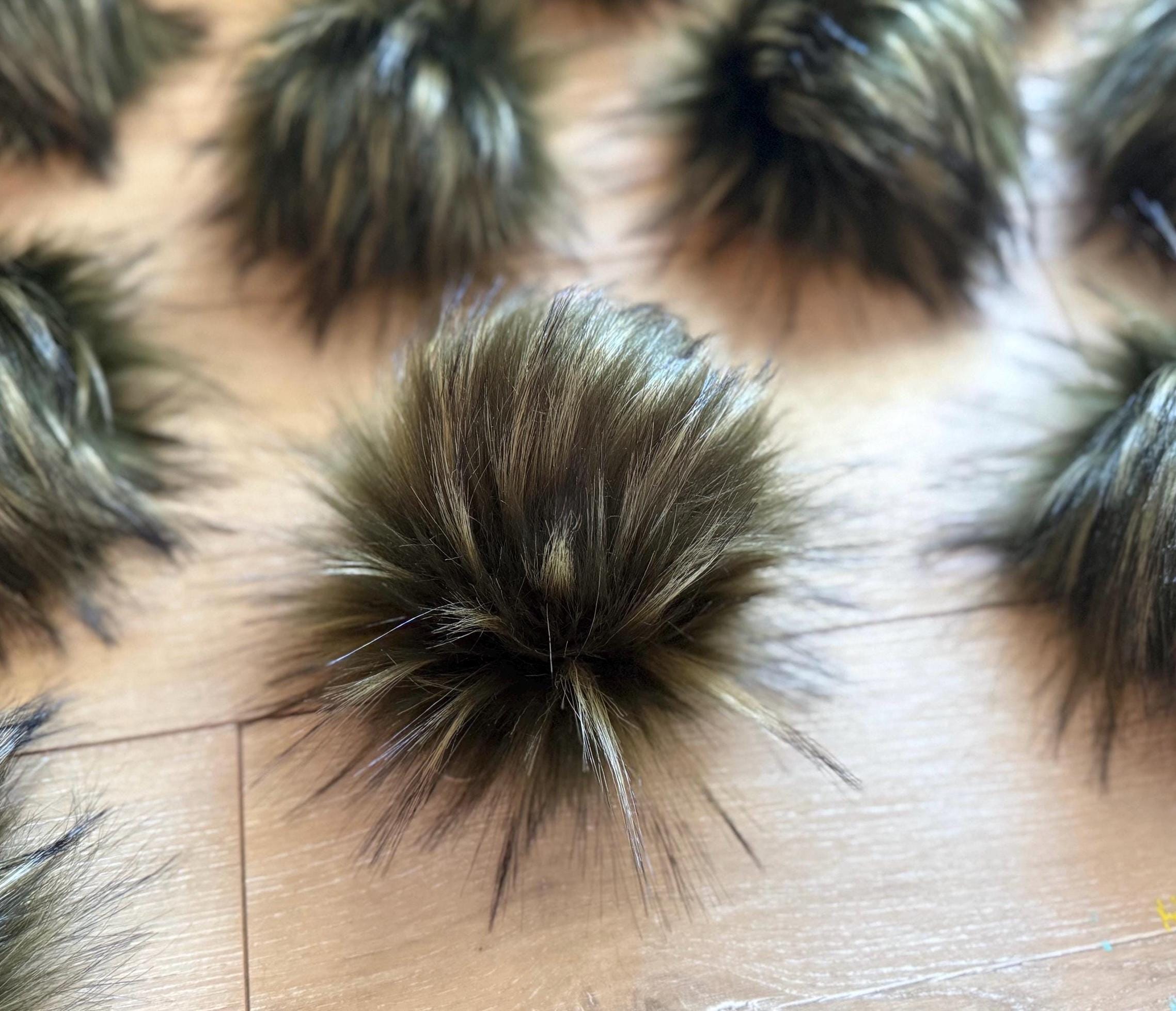 Everglade Faux fur Pom Pom, dark green, small, medium, large, fluffy, pre made, tie on, cotton string, for beanies, scarves
