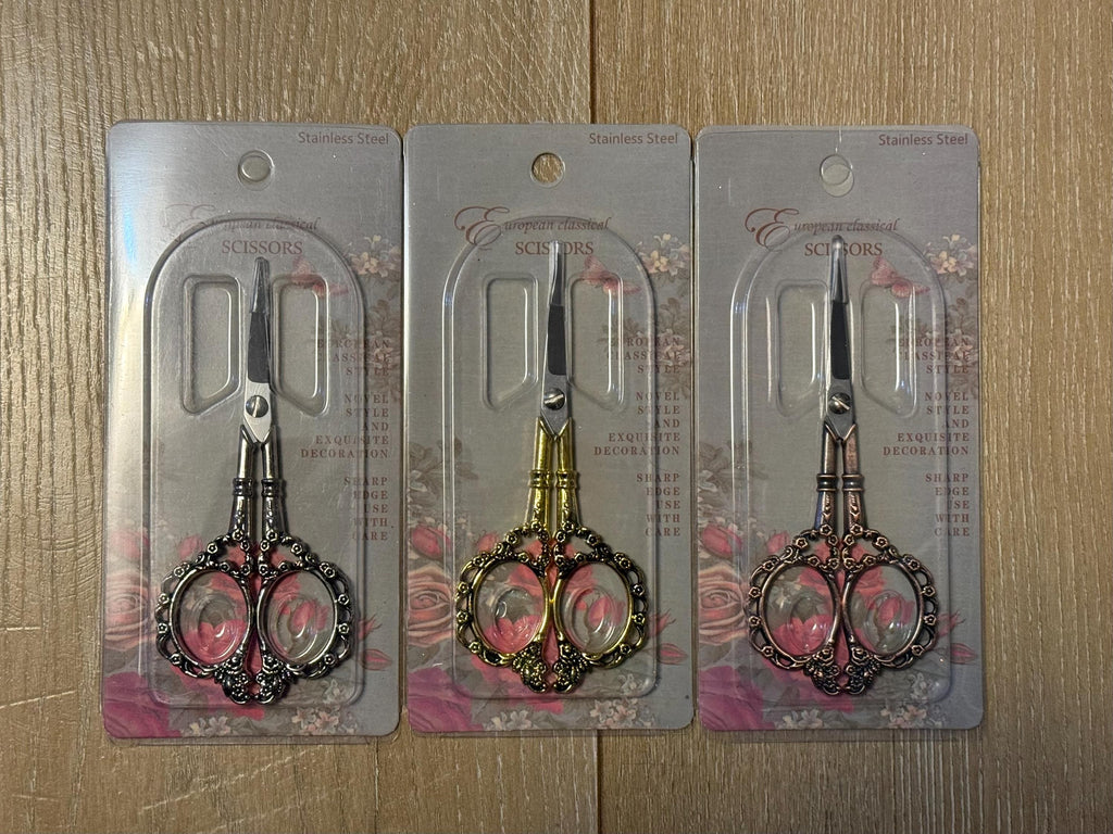 Small crafting scissors, for Pom Pom making, needle gripper, gold, silver, copper