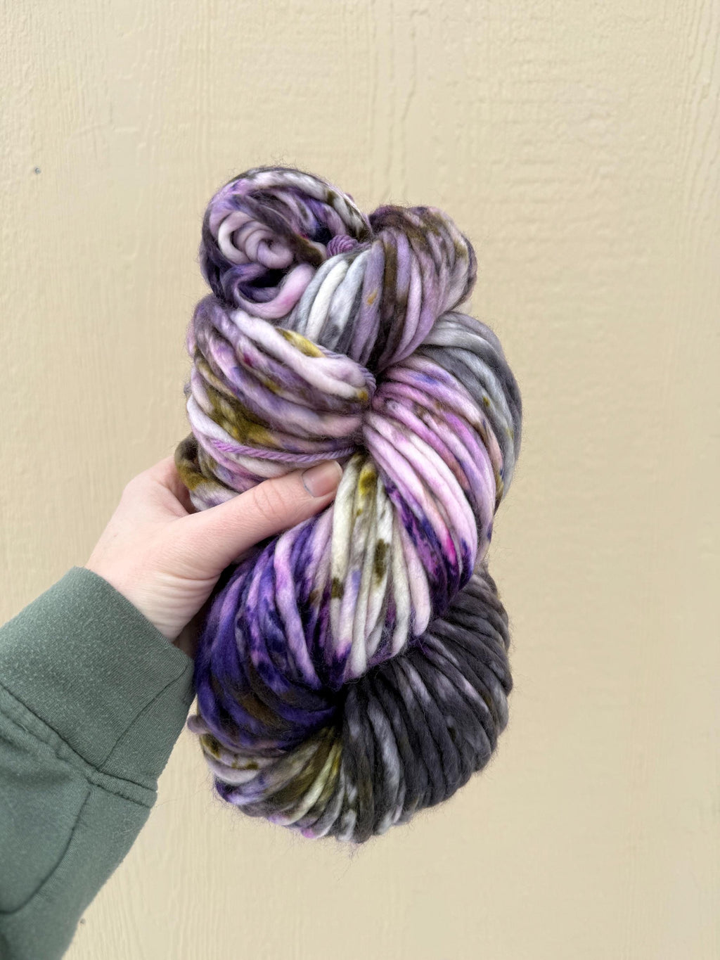 Pansy garden Hand dyed super bulky merino wool, size 6 , purple green black, natural, speckled, solid, multicolor, indie dye, superwash