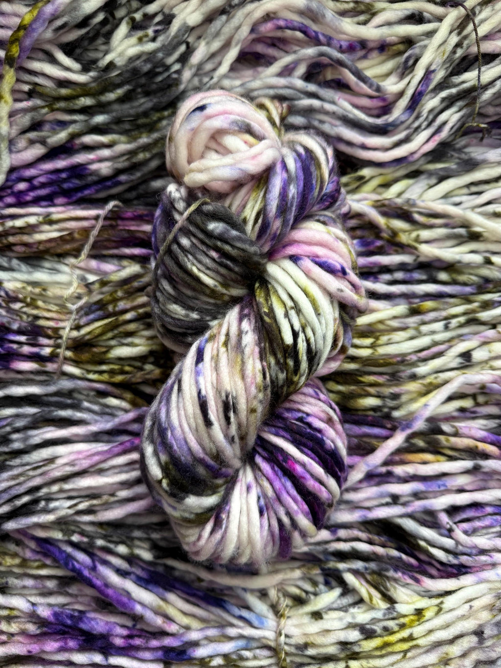 Pansy garden Hand dyed super bulky merino wool, size 6 , purple green black, natural, speckled, solid, multicolor, indie dye, superwash