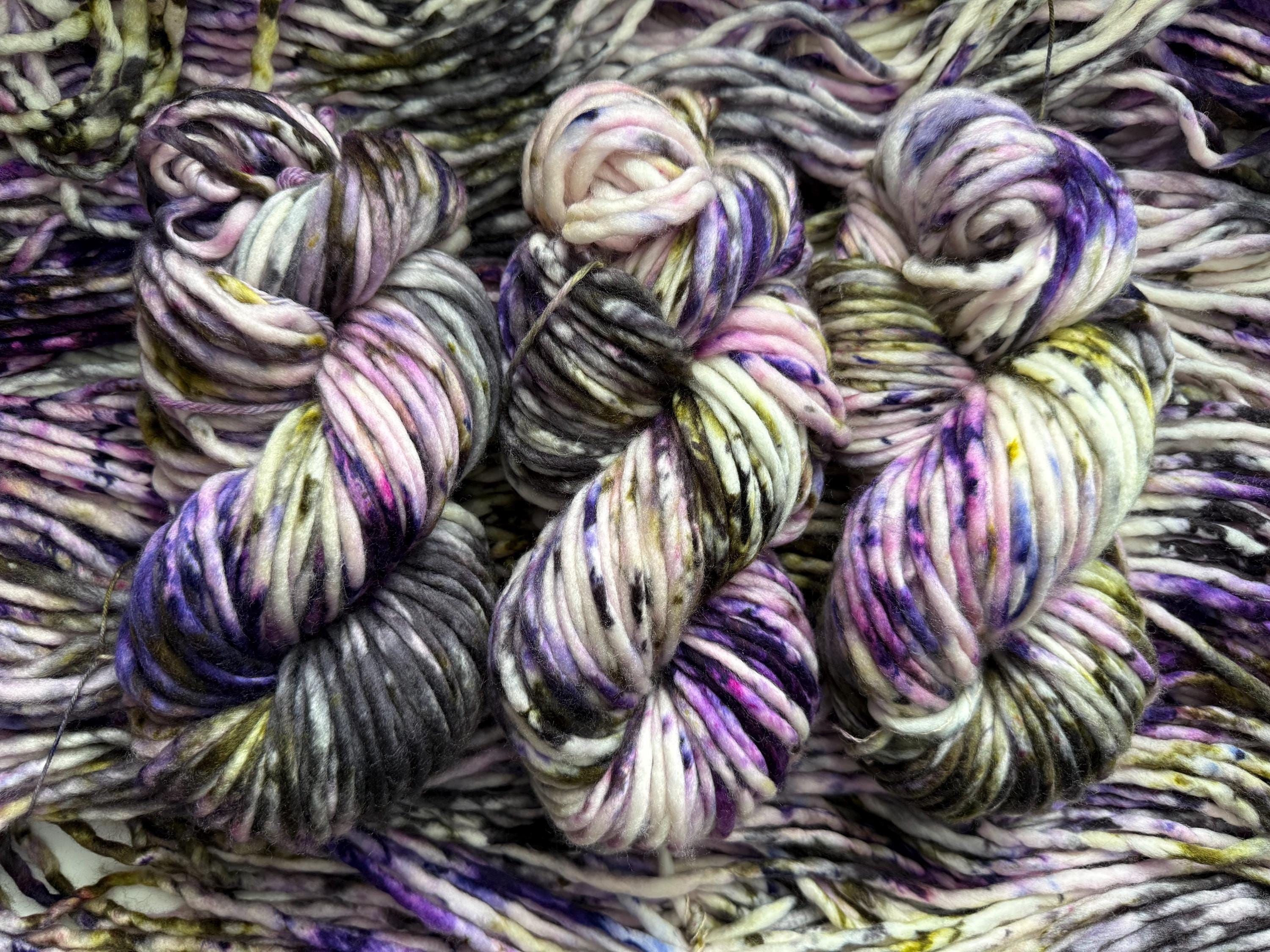 Pansy garden Hand dyed super bulky merino wool, size 6 , purple green black, natural, speckled, solid, multicolor, indie dye, superwash
