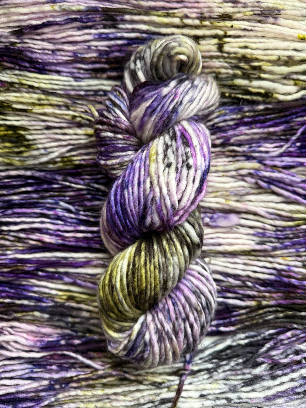 Pansy garden bulky hand dyed bulky merino wool, 109 yard, 5 weight, speckled, semi solid, green purple natural, indie dye, superwash